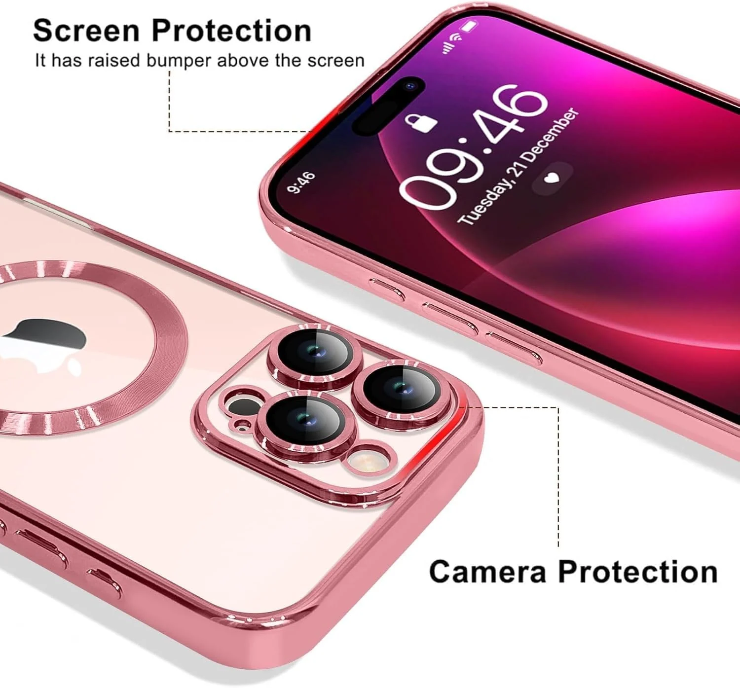 DL3 Mobilak Soft Clear Case for iPhone 16 Pro Max 6.9-Inch, Camera Lens Full Protection, Compatible with MagSafe Wireless Charging, Shockproof Electroplated TPU Phone Cover - Pink