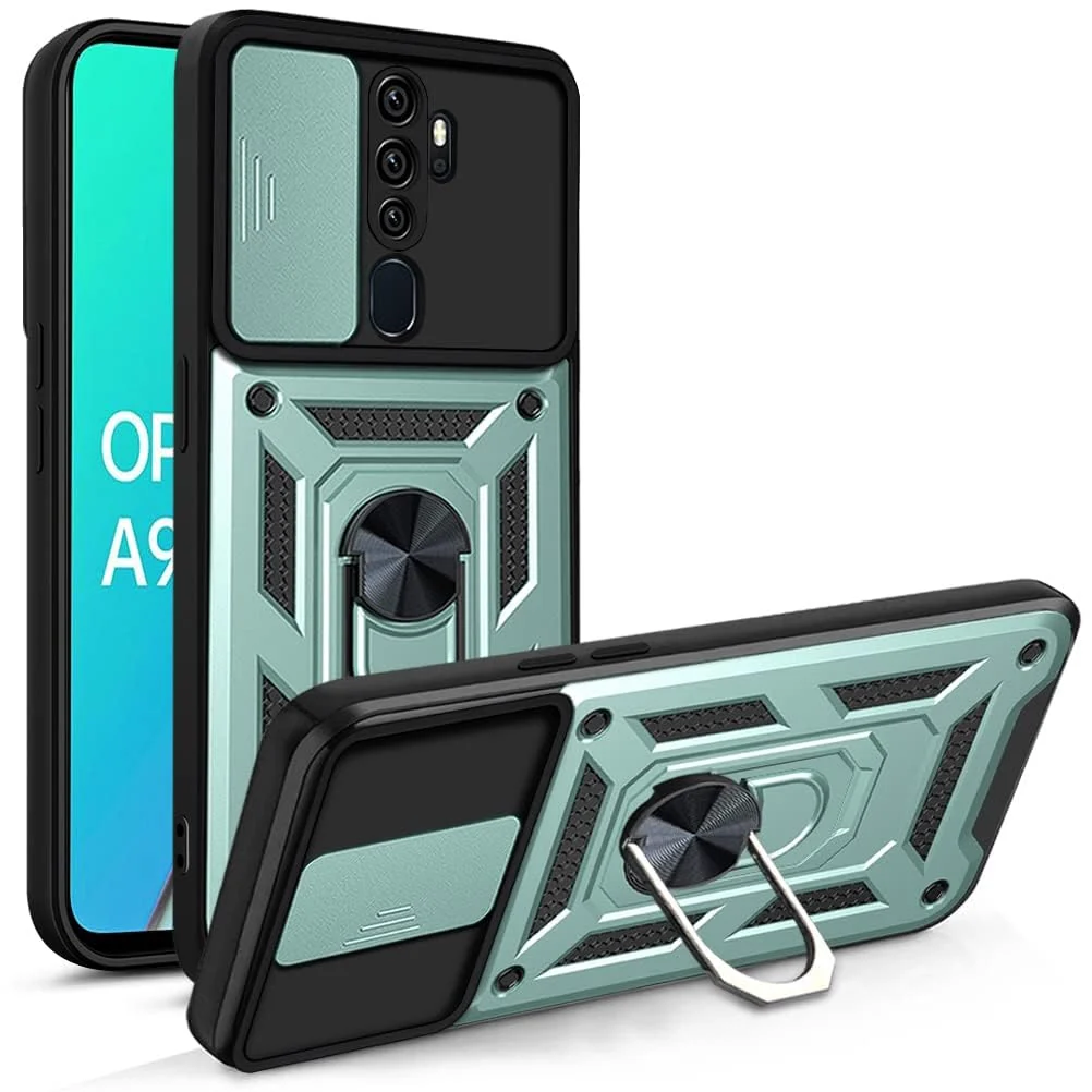 DL3 Mobilak Military-Grade Protective Case with Sliding Camera Cover, Metal Ring Kickstand and Magnetic Car-Mount Support for OPPO A9 2020 / OPPO A5 2020 - Green