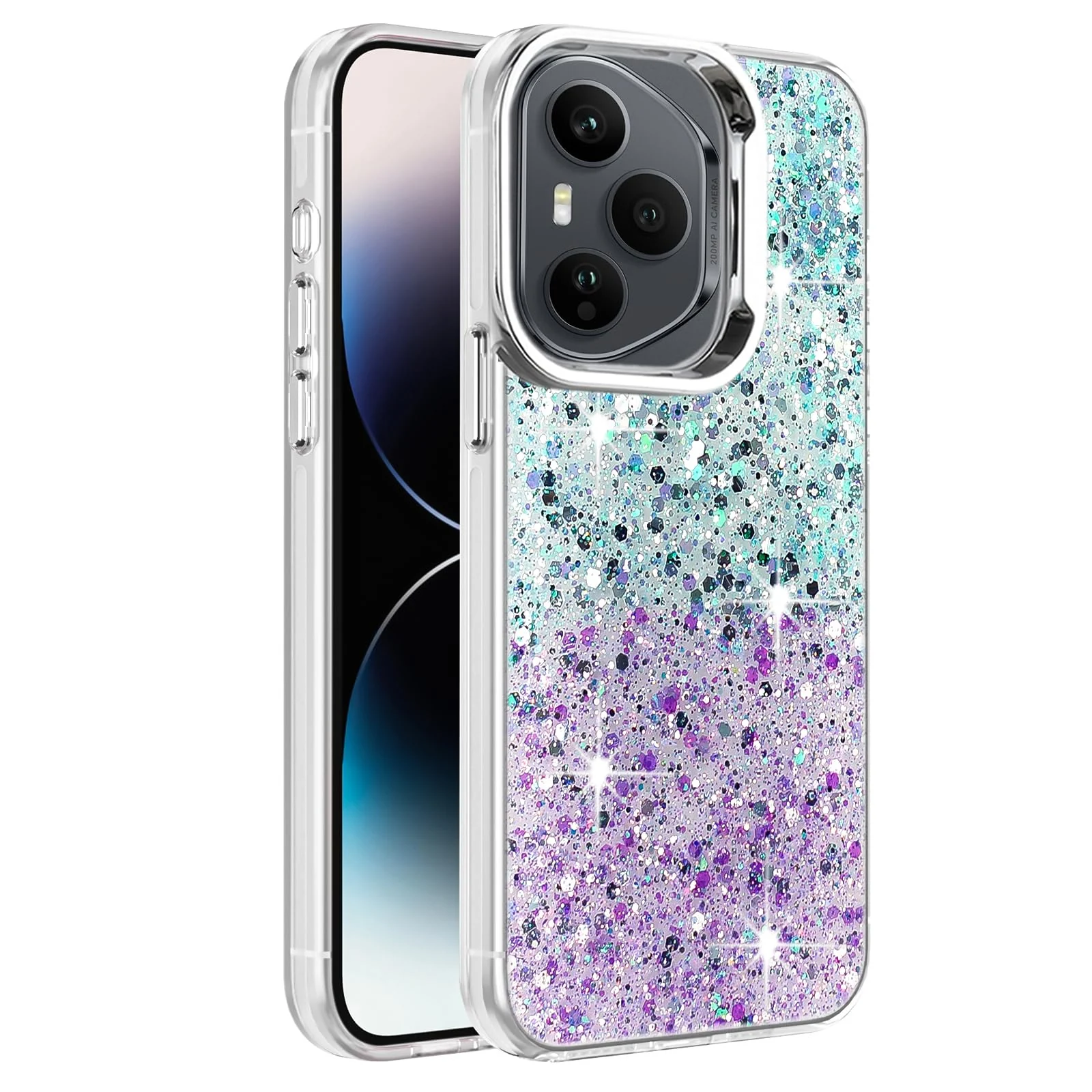 DL3 Mobilak Compatible with Honor 400 Pro 5G Case, Clear Glitter Bling Sparkly, Soft TPU Frame Bumper, Hard-Back Cover for Women & Girls, Transparent Protective Phone Case - Green Purple