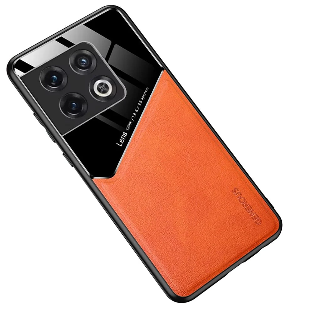 DL3 Mobilak Faux Leather and Plexiglass TPU Case for OnePlus 10 Pro 5G with Magnetic Car-Mount Support and Shockproof Design - Orange