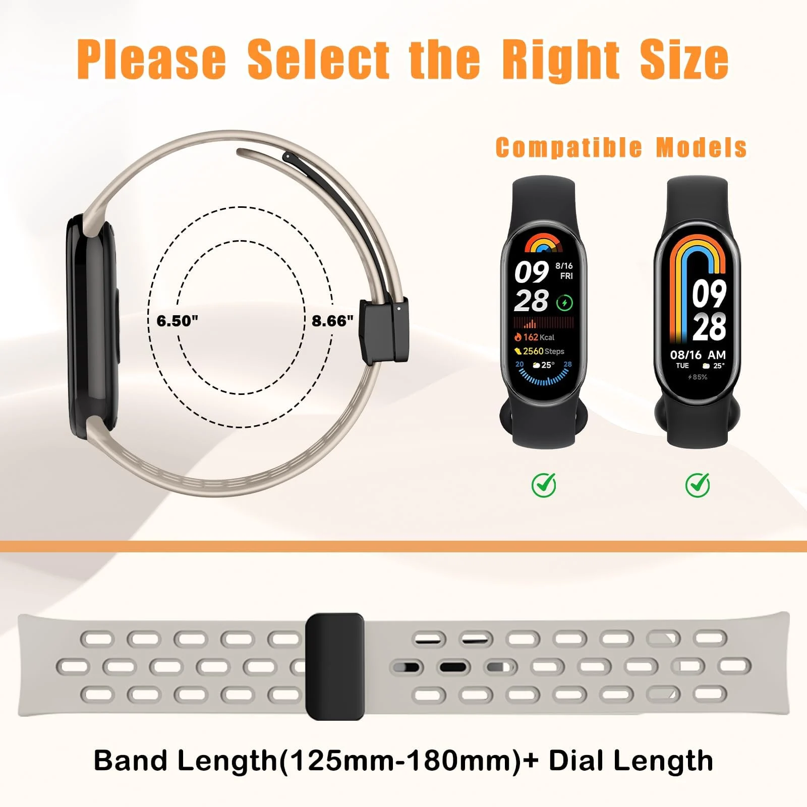 DL3 Mobilak Strap For Xiaomi Mi Band 10/9/8 Magnetic Metal Buckle Sport Silicone Breathable Strap for Men Women Band Quick Release Soft Replacment Wristband For Xiaomi Smart Band 8/9/10 - Starlight