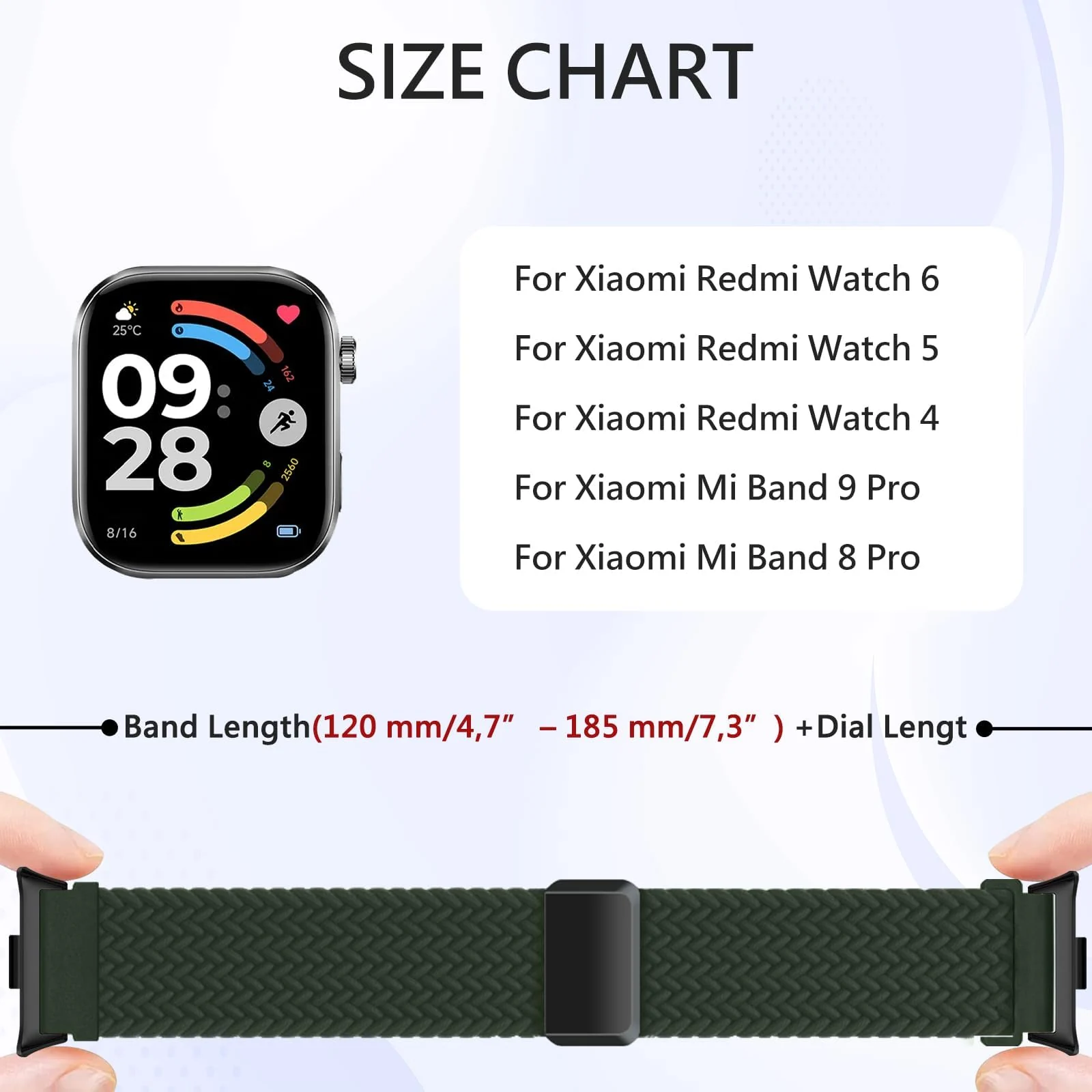 DL3 Mobilak Braided Bracelet Compatible with Redmi Watch 4/5 / 6 / Xiaomi Smart Band 8 Pro/Band 9 Pro, Nylon Magnetic Fabric Elastic Sport Nylon Replacement Strap for Men Women - Green