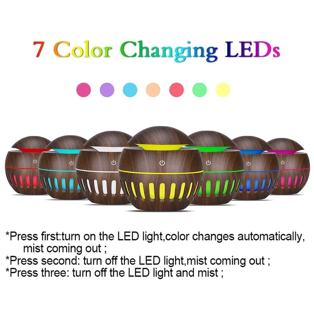 Mobigon Wood Cool Mist Ultrasonic Humidifier for Room Moisture, Aroma Diffuser for Home, 200ml Essential Oil Diffuser with 7 Colorful Night Light, Auto Shut-Off, Home, Office, car - B.Dark Brown