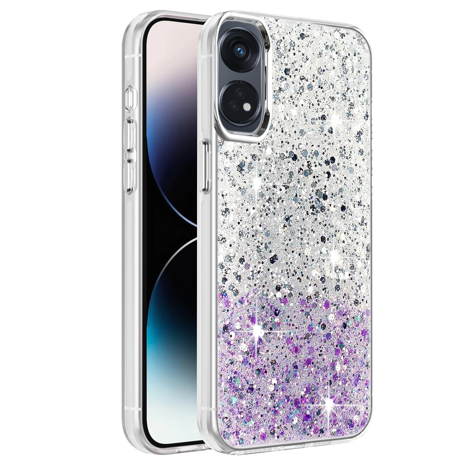 DL3 Mobilak Glitter Protective Case for OPPO Reno 8T 4G (Reno8T), Supports wireless charging, Camera protection, Shock-absorbing protection - White Purple
