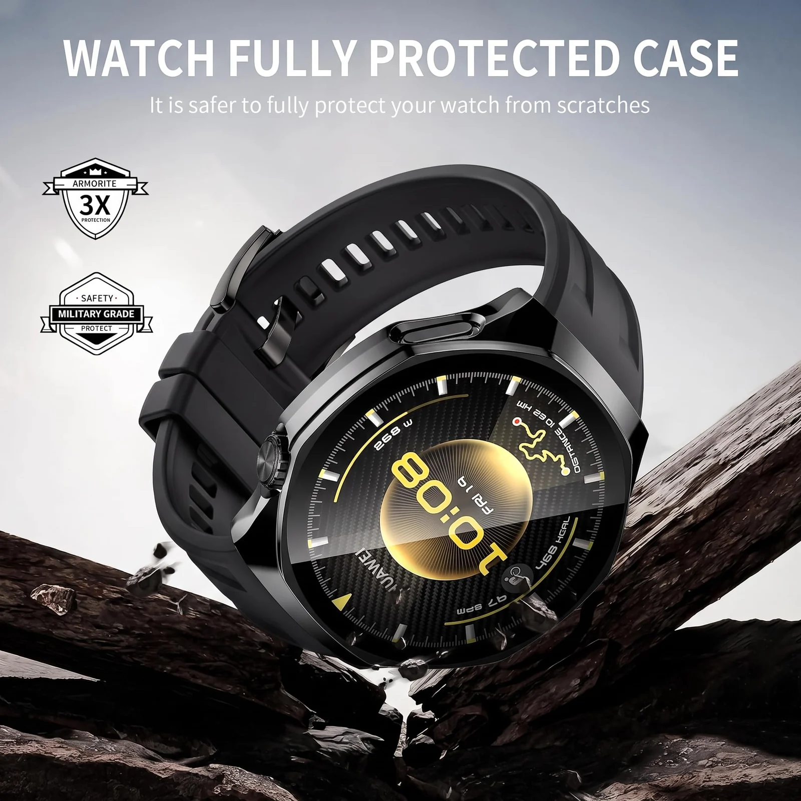 DL3 MOBILAK Full-Coverage Watch Case with Tempered Glass for Huawei Watch GT 6 Pro 46 mm, Black