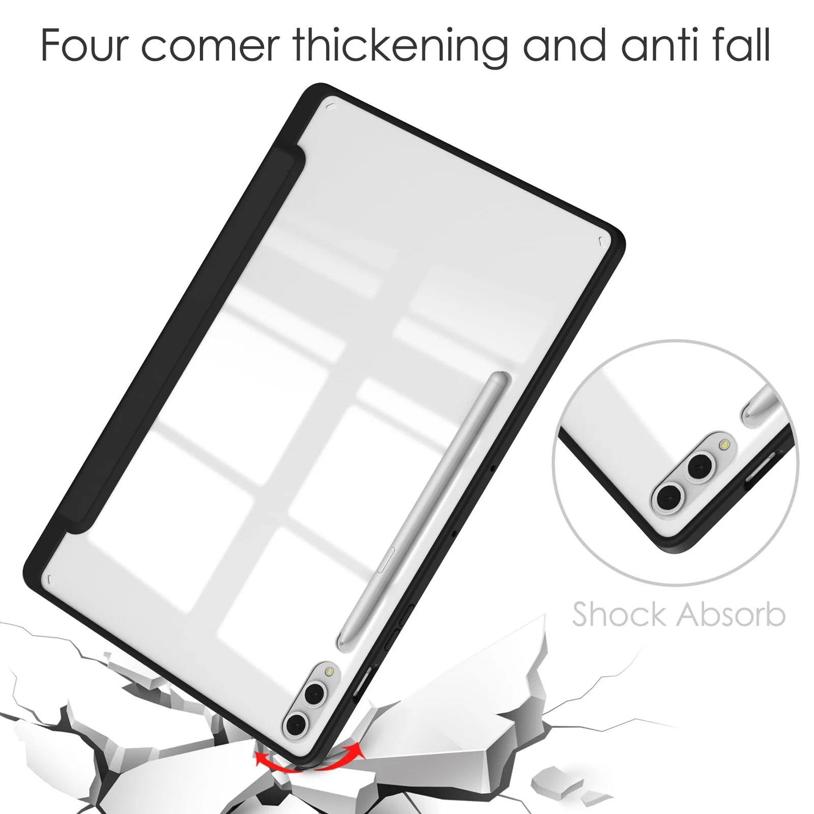 DL3 Mobilak Case for Samsung Galaxy Tab S10 Plus/Tab S9 Plus 12.4-Inch with S Pen Holder, Clear Transparent PC Back, Shockproof Tri-Fold Stand Tablet Cover, Auto Wake/Sleep - Black