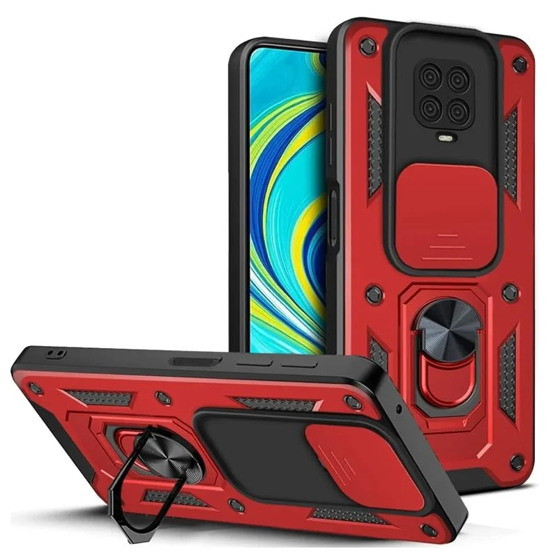 DL3 Mobilak Case for Xiaomi Redmi Note 9S / 9 Pro / 9 Pro Max with Slide Camera Cover, Military Grade Shockproof Protective Cover with Rotatable Metal Ring Kickstand [Support Magnetic Car Mount] - Red
