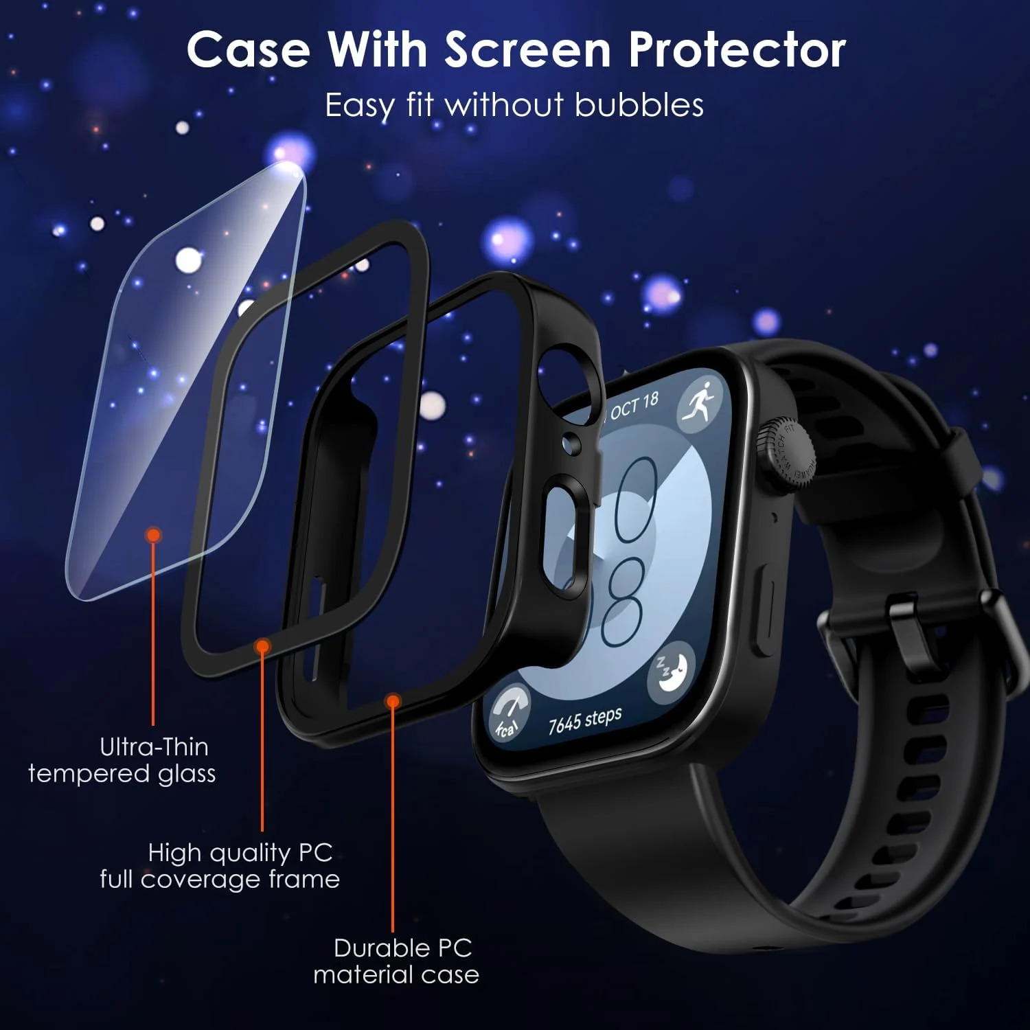 DL3 Mobilak Case Compatible with Huawei Watch Fit 3, Full Coverage Slim Hard Case Protective Bumper Built-in Tempered Glass Screen Protector Shell for Huawei Watch Fit 3 - Black