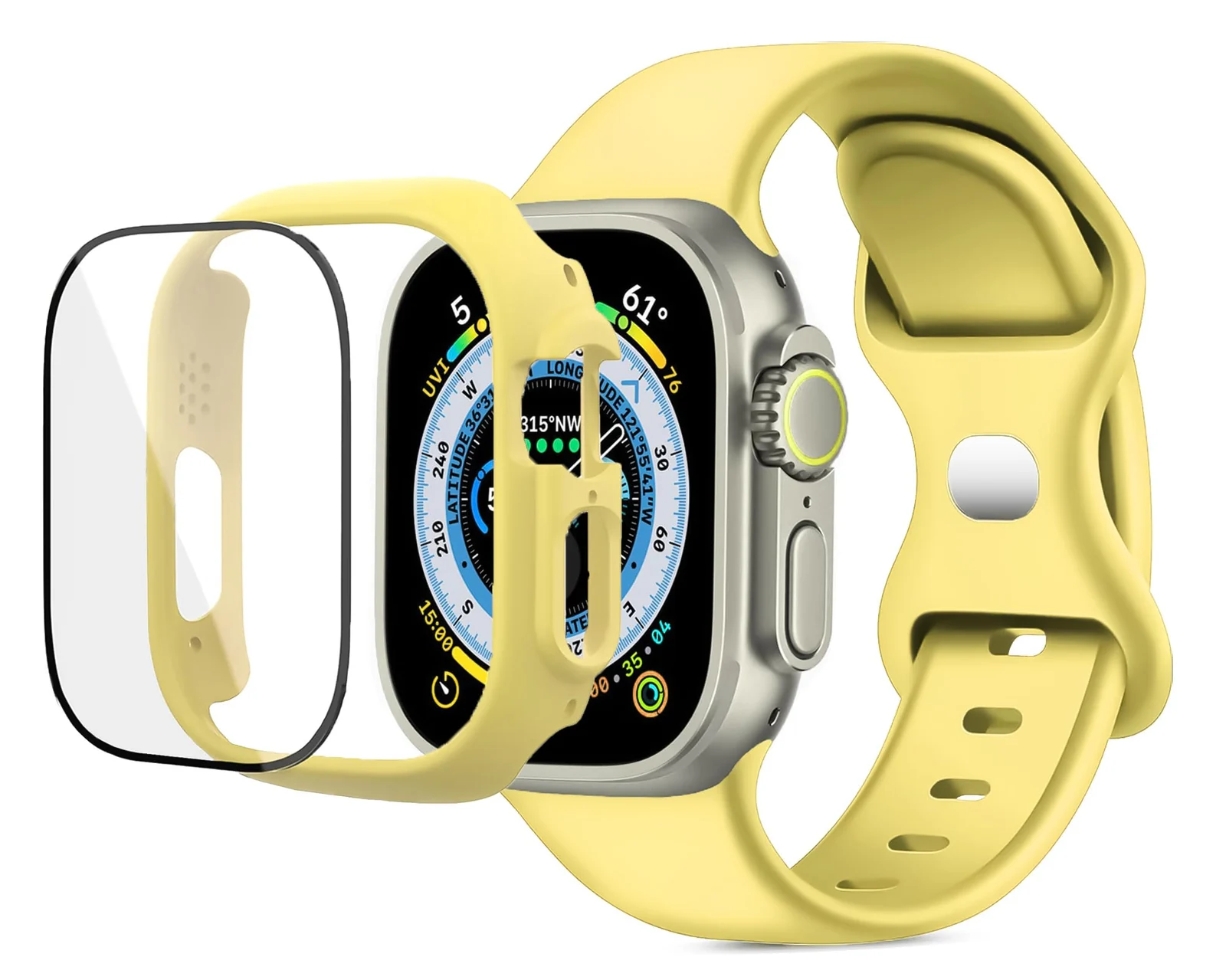 DL3 Mobilak Band with Case For Apple Watch Ultra/Ultra 2 49mm, Adjustable Silicone Sport Wristband Replacement, Strap With Cover Built-in Glass Screen Protector for iWatch Ultra 49 mm - Yellow