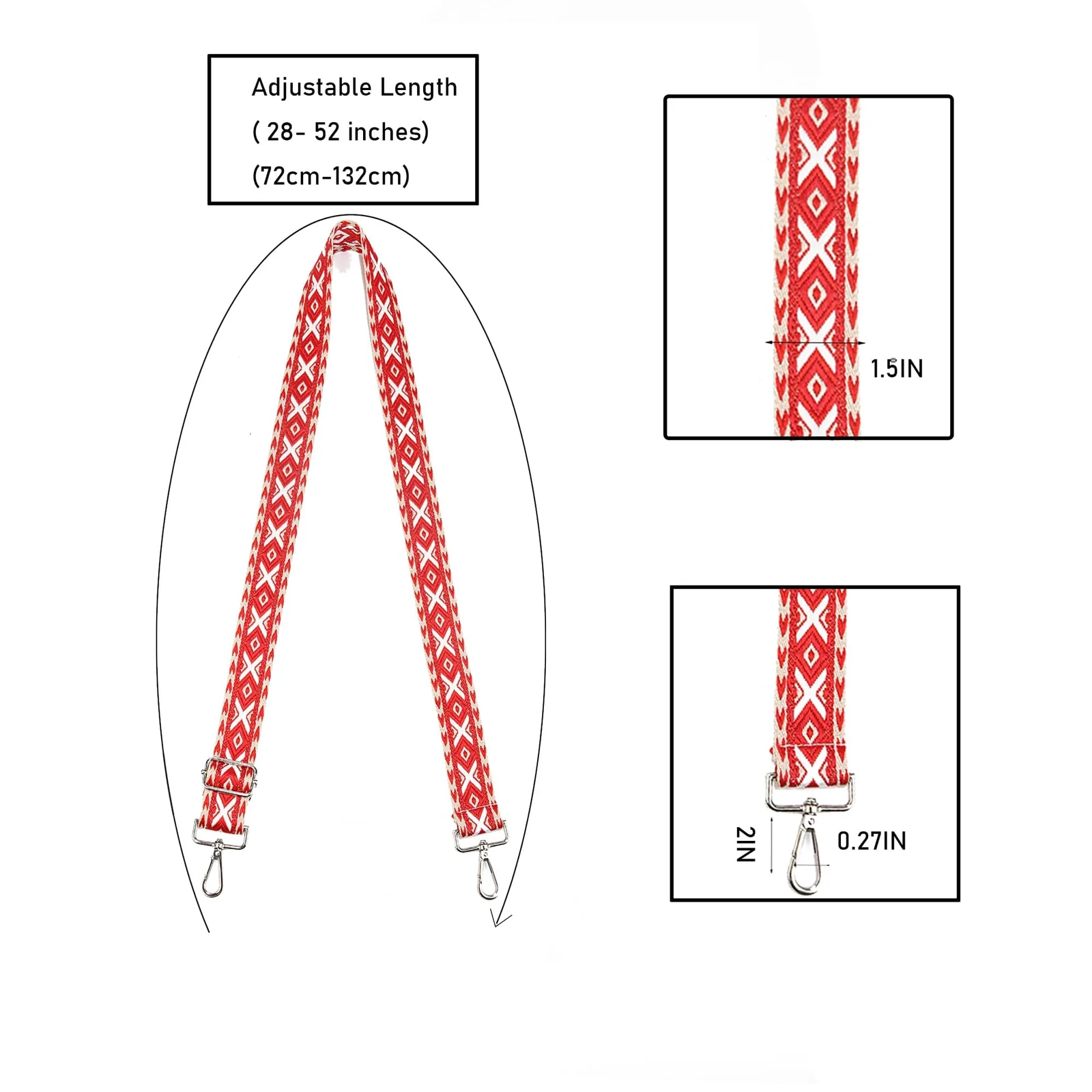 DL3 Mobilak Adjustable Wide Crossbody Bag Strap for Women, Replacement Shoulder Strap for Handbags, Totes & Purses with Elegant Embroidered Pattern and Metal Hooks - Beige/Red