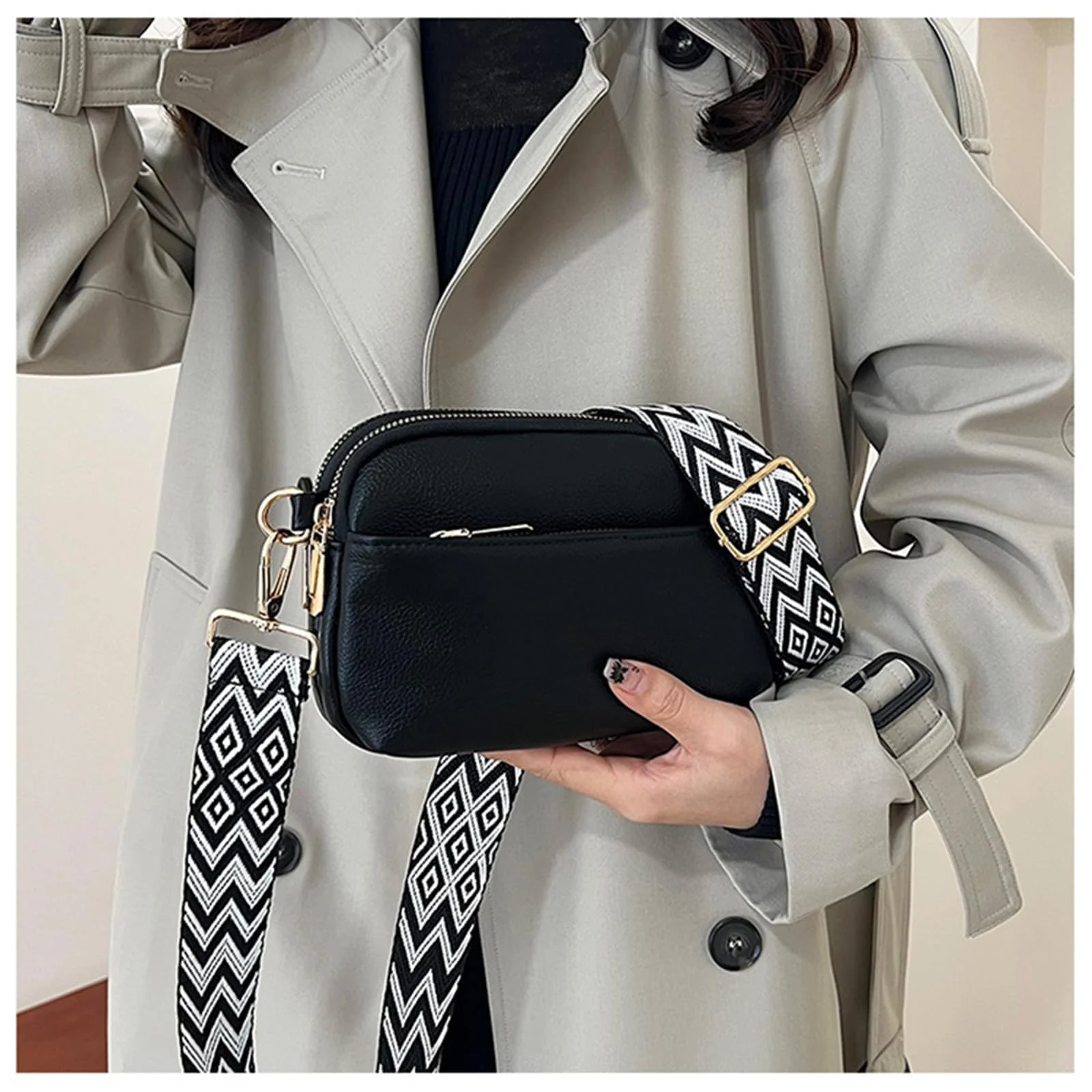 DL3 Mobilak Adjustable Wide Crossbody Bag Strap for Women, Replacement Shoulder Strap for Handbags, Totes & Purses with Elegant Embroidered Pattern and Metal Hooks - White Black