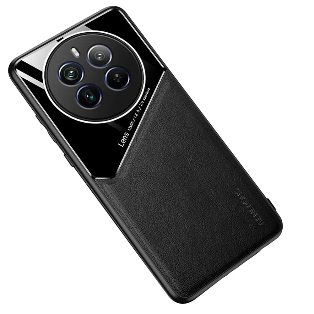 DL3 Mobilak Luxury Case For realme 12 Pro 5G/realme 12 Pro+ Plus 5G, Ultra-Thin Soft TPU Frame, Back Leather Mixed Double+Plexiglass Protective Cover With Built-in Car Magnetic - Black