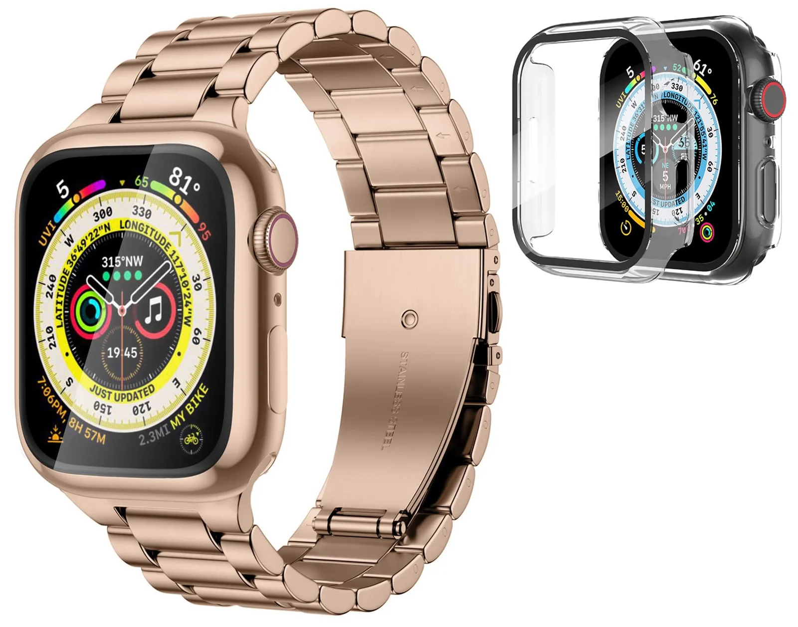 DL3 Mobilak Stainless Steel Band with Case Compatible with Apple Watch Band 45mm Series 9/8/7, Men Woman Business Strap with Protective Bumper Cover for iWatch Series 7/8/9 45mm - Rose Gold