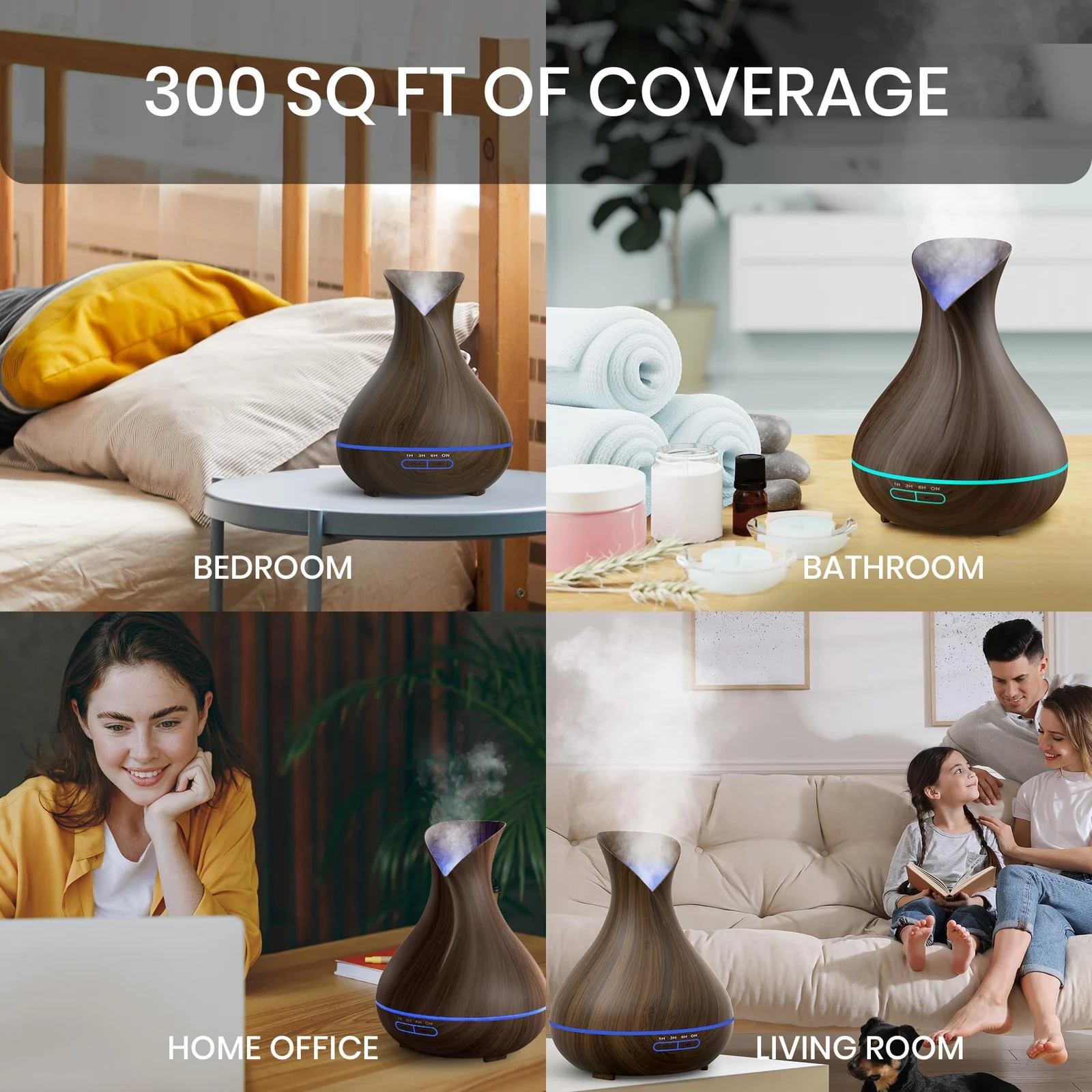 Mobigon Essential Oil Diffuser, Aromatherapy Diffuser 500ml with Remote Control, 4 Timer & Auto-Off Safety Switch, 7 Color LED Lights Mode, 10 Hours Quiet Humidifier for Bedroom - Dark Woody