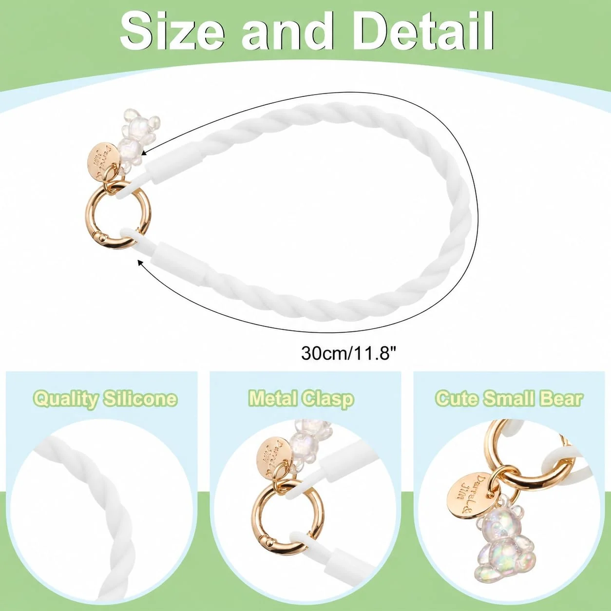 DL3 Mobilak Silicone Crystal Lanyard, 30cm Phone Wrist Strap Lanyard Keychain Office Wrist Strap with Clasp and Bear for Women Phone ID Card, Keys Strap - White