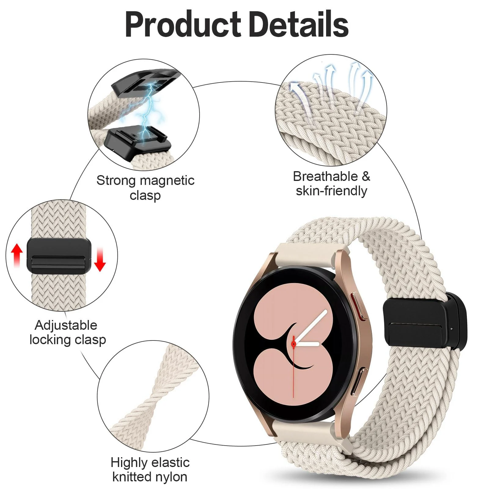 DL3 Mobilak 20mm Magnetic Band for Samsung Galaxy Watch 7/6/5/4/FE Band 40mm 44mm/Galaxy Watch 6/4 Classic Bands 47mm 43mm 46mm 42mm/Watch 5 pro 45mm/3 41mm/Active 2, Stretchy Braided Nylon Magnetic Sport Strap - Starlight