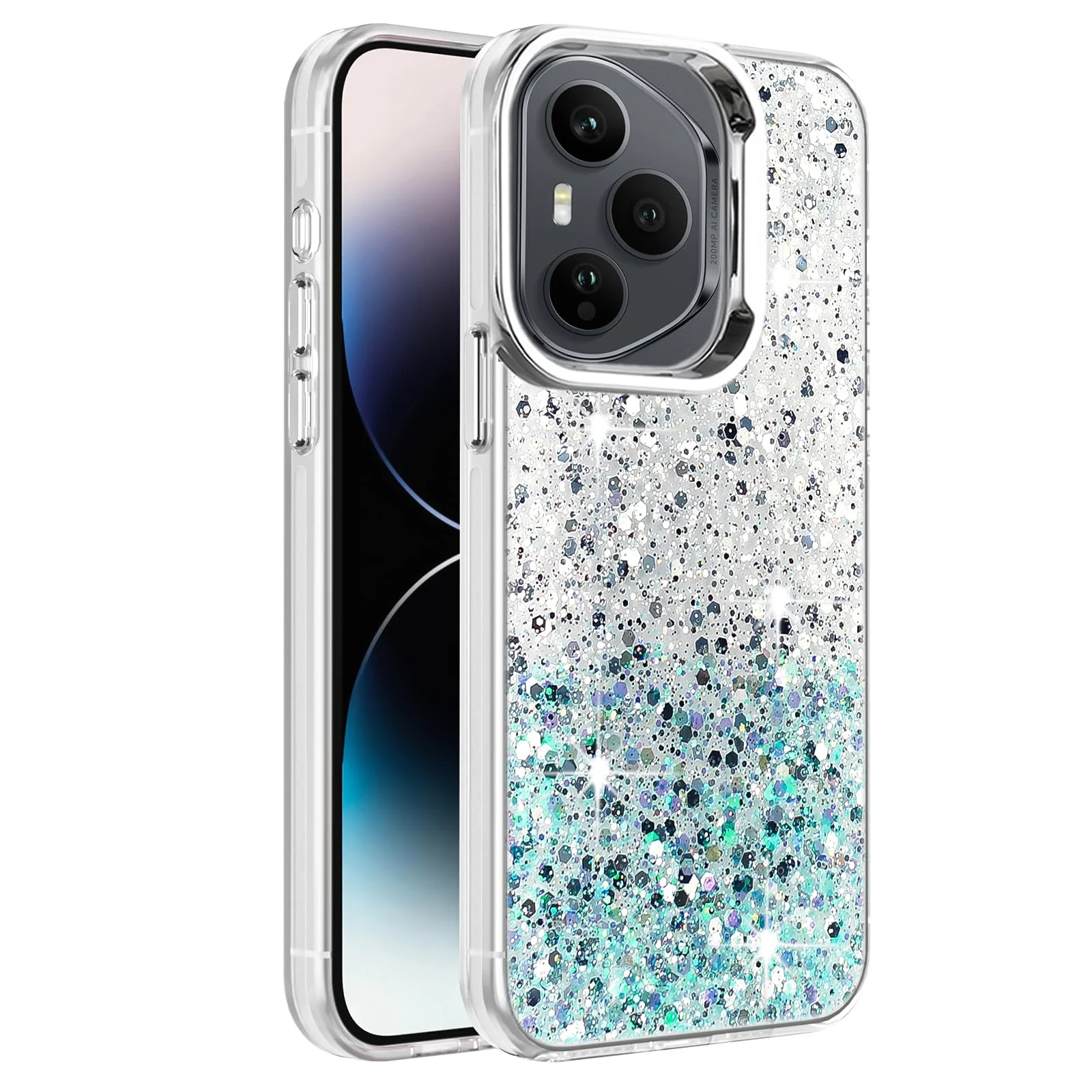 DL3 Mobilak Glitter Rhinestone Protective Case for Honor 400 Pro 5G with Shockproof Design - White Green