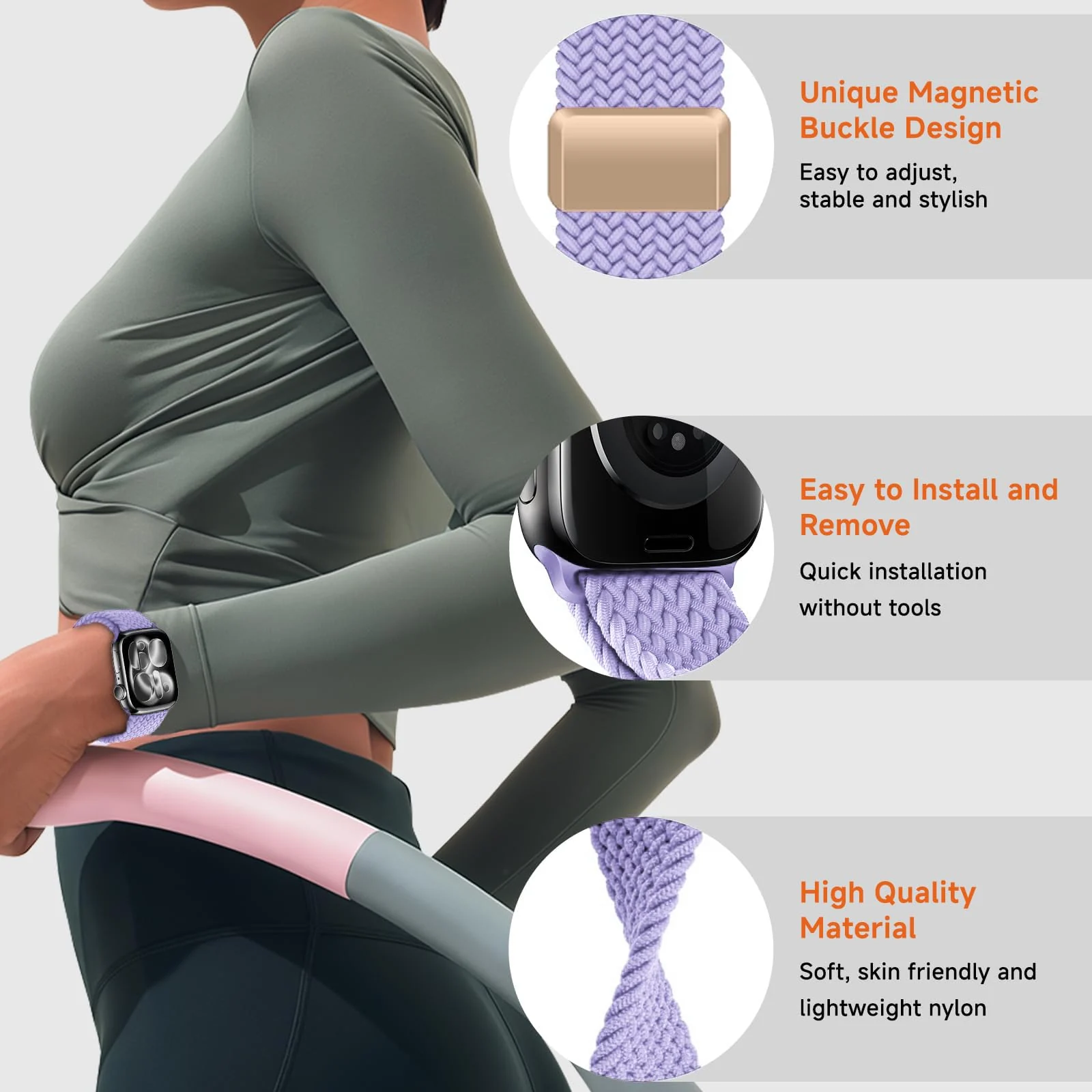 DL3 Mobilak Sport Solo Loop Compatible with Apple Watch Band 42mm 44mm 45mm 46mm 49mm for Women Men, Magnetic Strap Stretchy Braided Wristband for iWatch Series 11 10 9 8 7 6 5 4 3 Ultra 3 2 1 SE SE2 - Light Purple