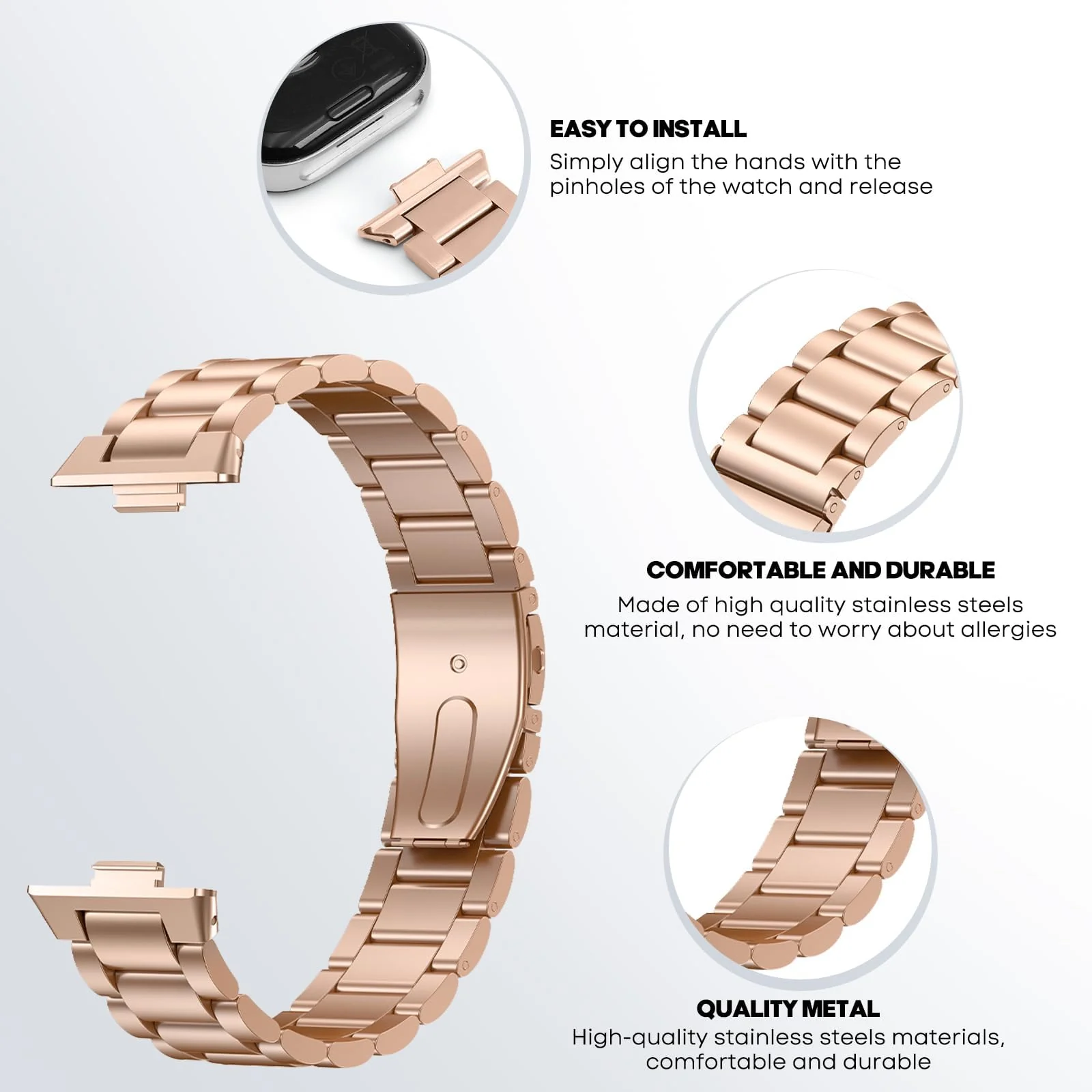 DL3 Mobilak Metal Straps Compatible with Huawei Watch Fit 3/Fit 4/Fit 4 Pro Strap, Stainless Steel Replacement Band with Folding Clasp, Adjustable Replacement Bracelet Wristband - Rose Gold