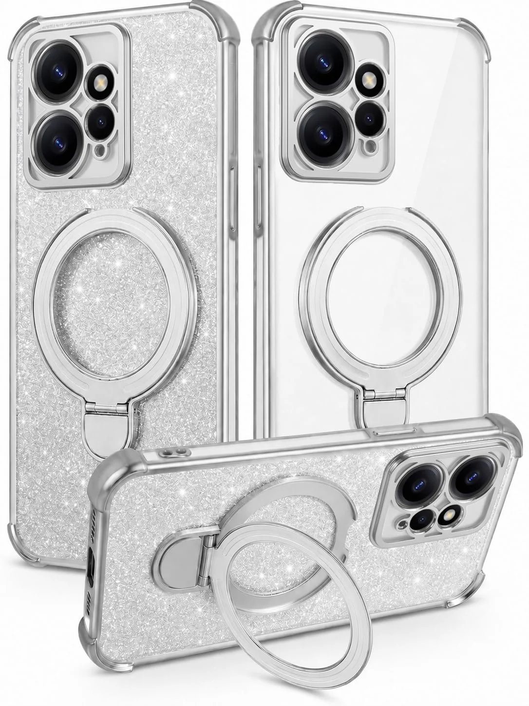 MOBIGON Glitter Phone Case with Magnetic Ring Stand for Xiaomi Redmi Note 12 4G, Silver