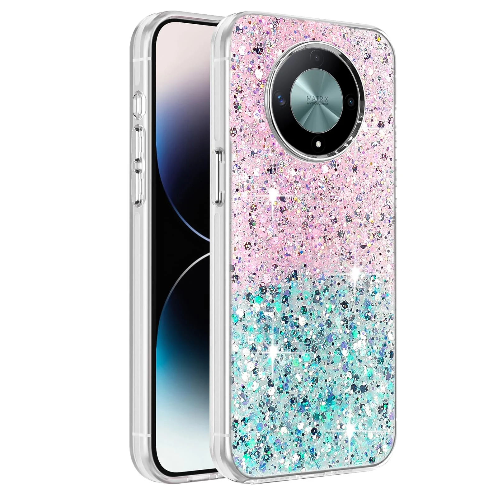 Dl3 Mobilak Compatible with Honor X9b/Honor Magic 6 Lite Case, Clear Glitter Bling Sparkly, Soft TPU Frame Bumper, Hard-Back Cover for Women & Girls, Transparent Protective Phone Case (Pink Purple)