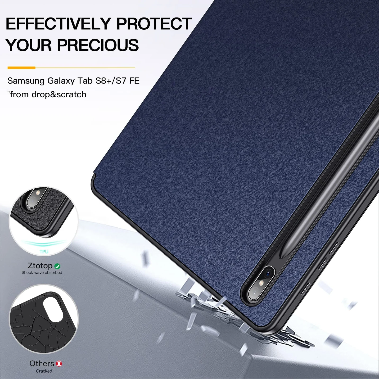 DL3 Mobilak Smart Case for Samsung Galaxy Tab S8 Plus 2022/S7 FE/S7 Plus 12.4 with Pencil Holder, Soft TPU Smart Stand Back Cover Auto Wake/Sleep Feature - Blue