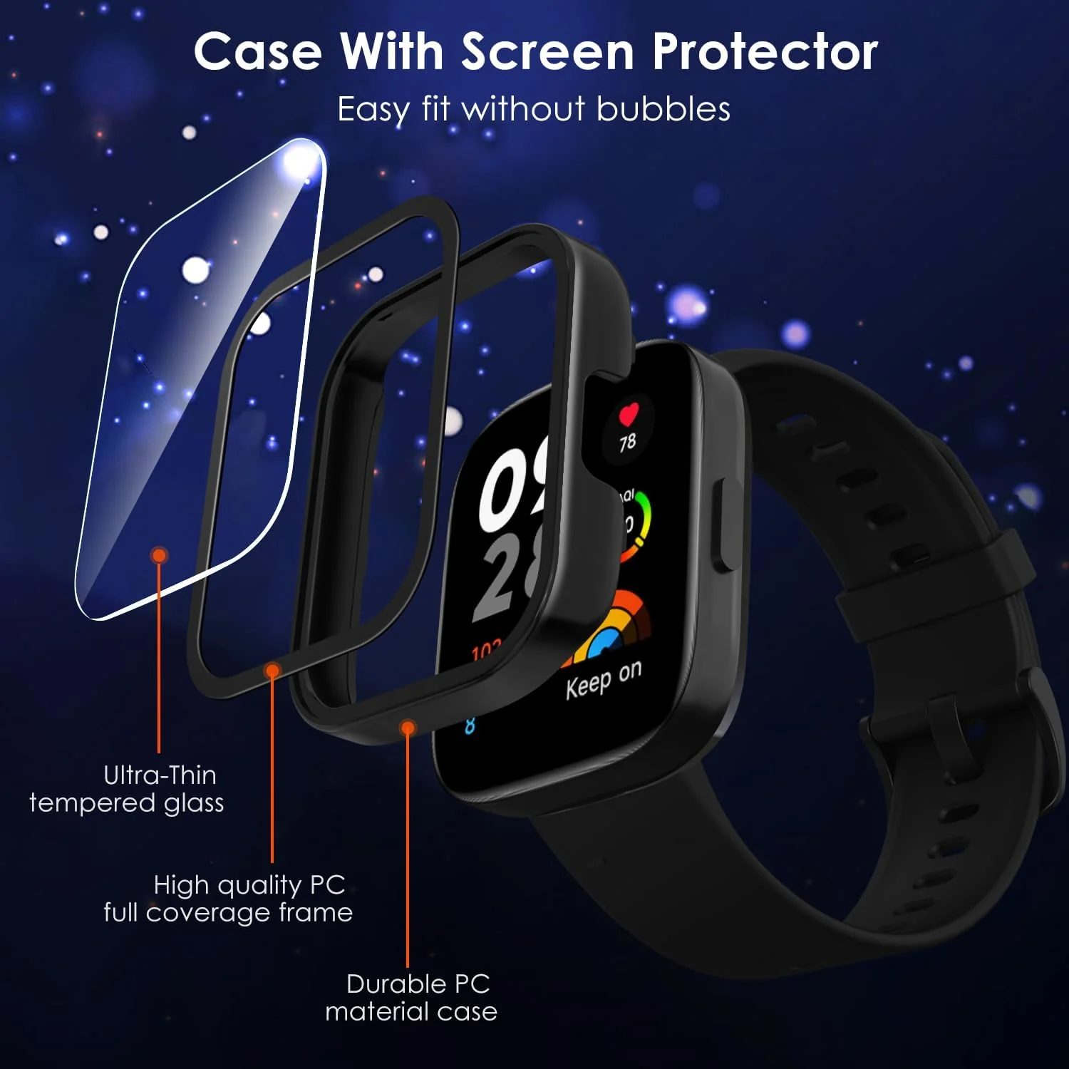 DL3 Mobilak Protective Case For Xiaomi Redmi Watch 3 (Not for Redmi Watch 3 Lite/Active) 9H Hardness PC Case Bumper Full Slim Protective Cover with Built-in Tempered Glass Screen Protector - Black