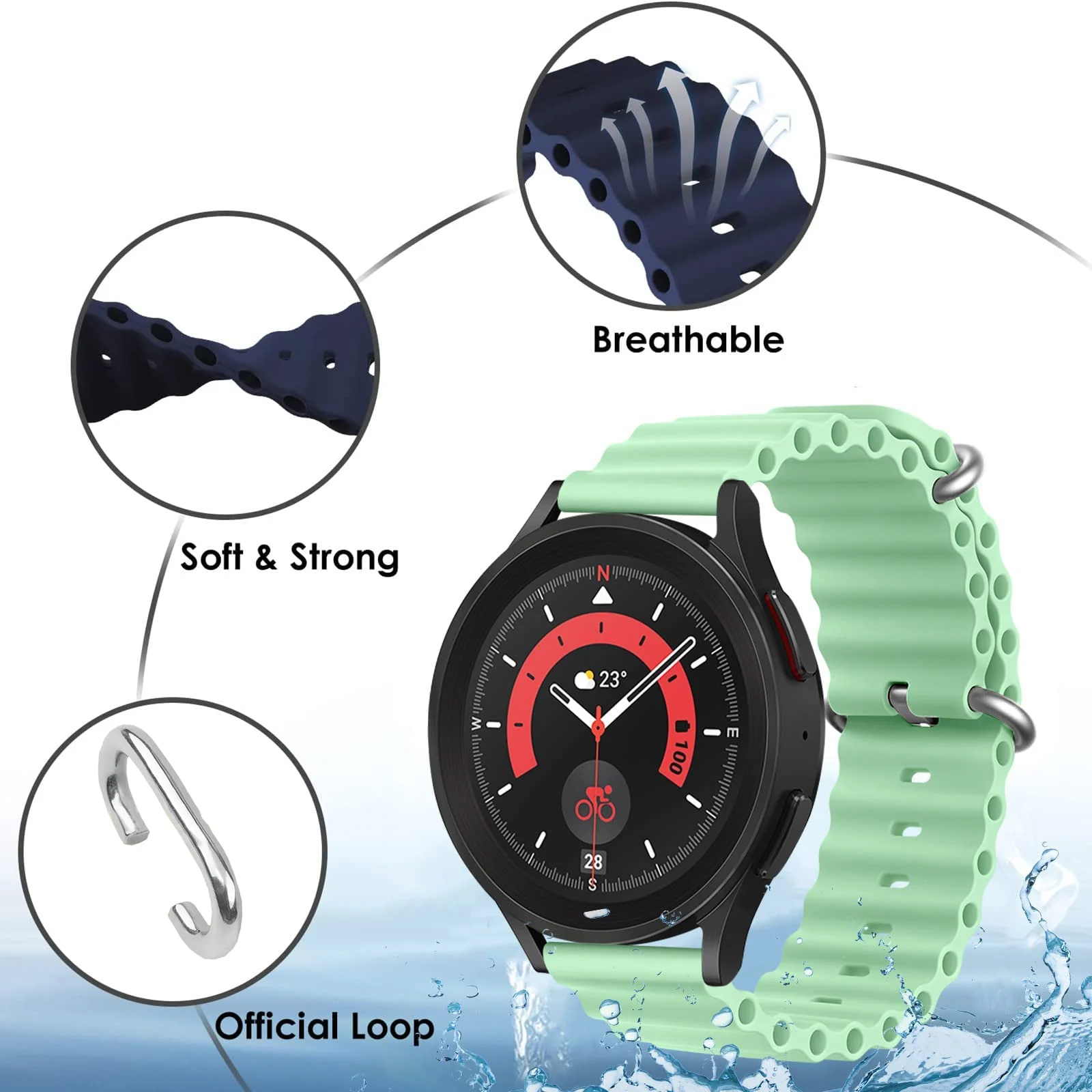 DL3 Mobilak Ocean Bands Silicone 20MM Strap For Samsung Galaxy Watch 7 6 5 4 40mm 44mm/5 Pro 45mm/S2 classic/active 2 40mm 44mm/Amazfi GTS 2/2e/GTS 3/3 Pro/GTS 4/GTS 2 Mini/3 Mini/4 Mini/Bip 3 Pro - Light Green
