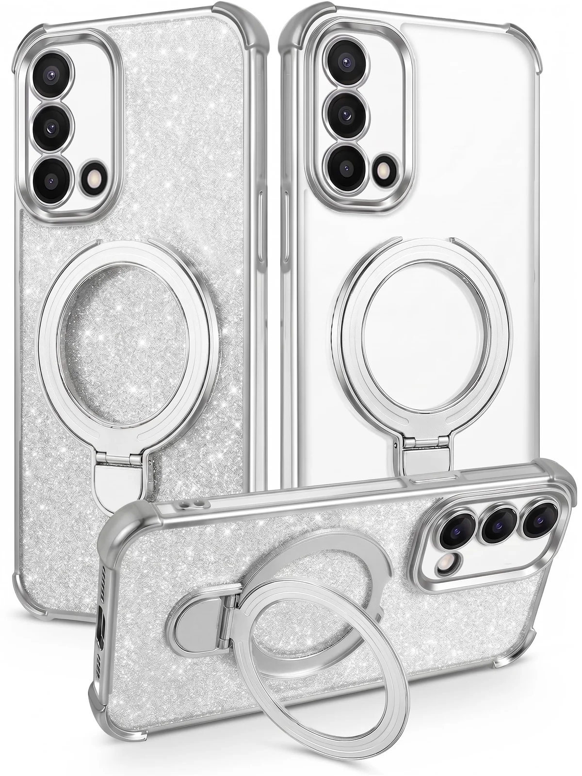 Mobigon Glitter Phone Case Compatible with OPPO A74 4G/A95 4G/F19, Magnetic Ring Stand Shockproof Cover, Clear Soft TPU Bumper with Full Camera Protection - Silver