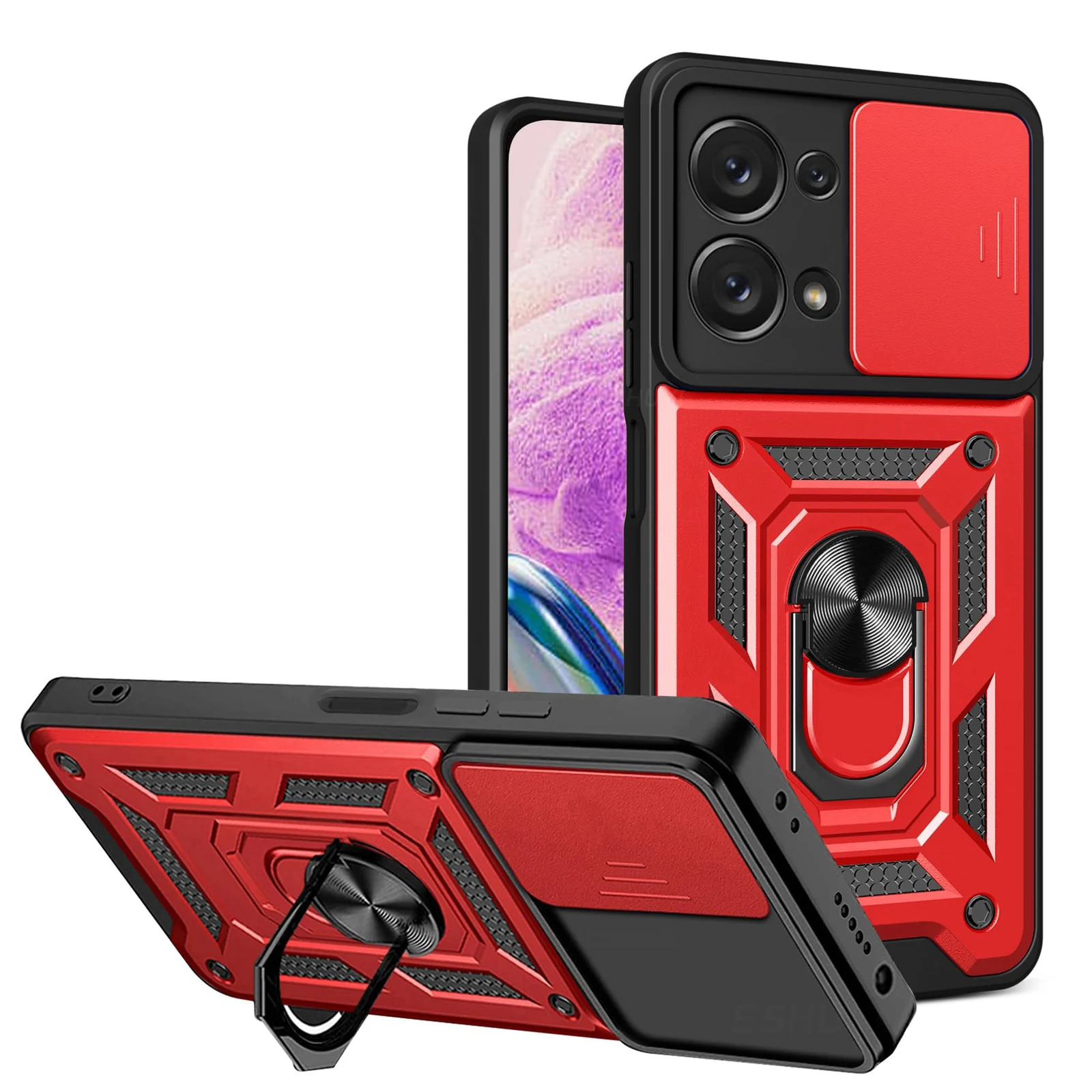 DL3 Mobilak Military-Grade Protective Case with Sliding Camera Cover, Metal Ring Kickstand and Magnetic Car-Mount Support for OPPO Reno 8 Pro 5G / Reno 8 Pro+ Plus - Red