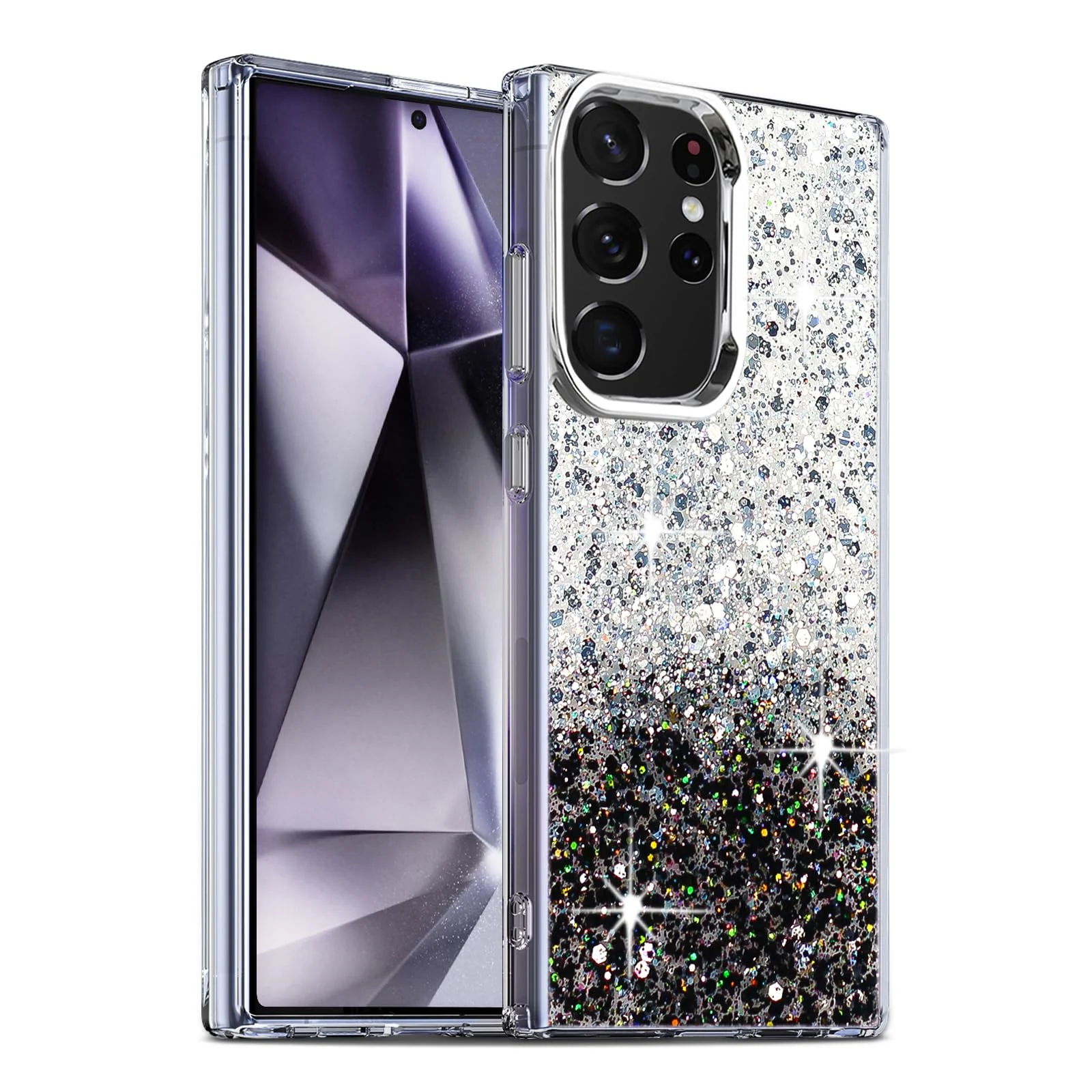 DL3 Mobilak Glitter Protective Case for Samsung Galaxy S24 Ultra, Supports wireless charging, Camera protection, Shock-absorbing protection - White Black