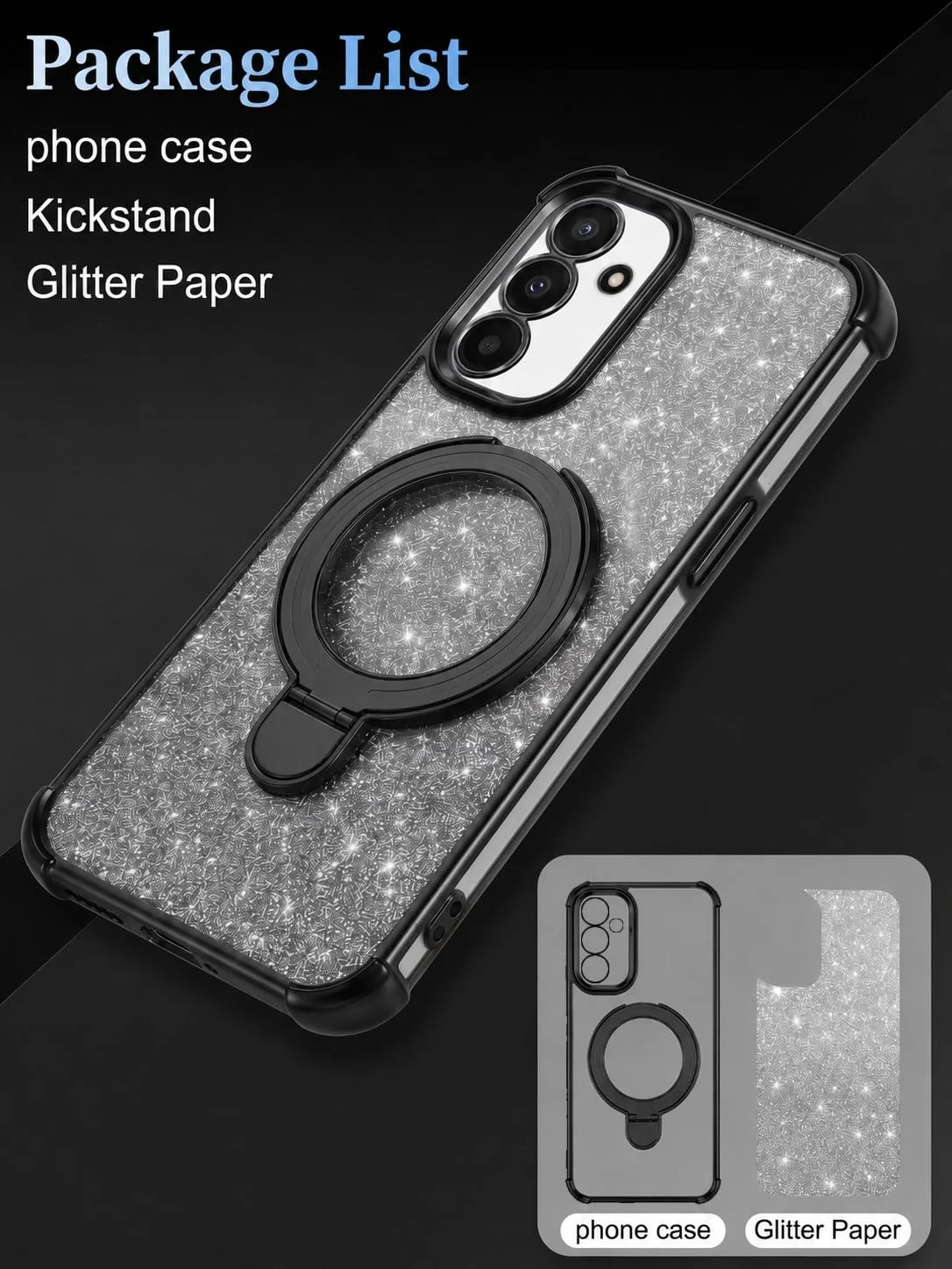 MOBIGON Glitter Phone Case with Magnetic Ring Stand for Samsung Galaxy A17, Black