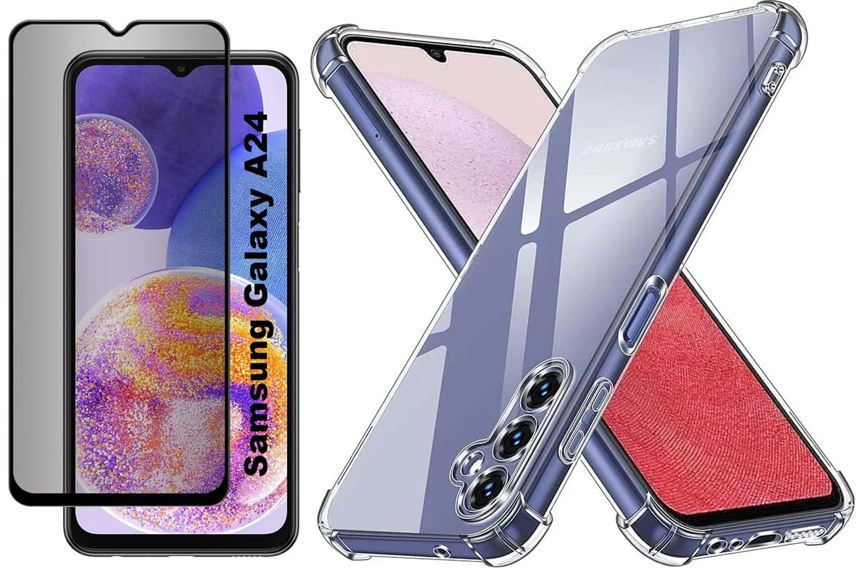 DL3 Mobilak Case Compatible with Samsung Galaxy A24 4G, Cover Silicone TPU Gorilla Anti-shock Protector Camera Shockproof Corners with Privacy Screen Protector - Clear