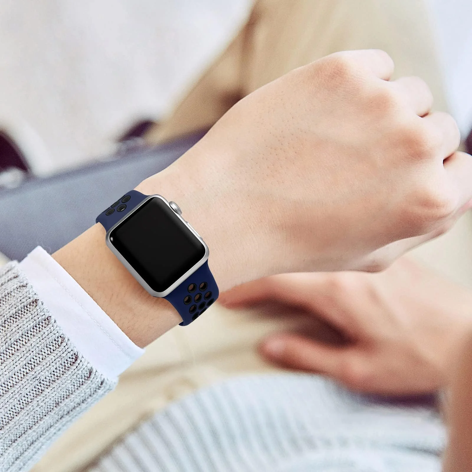 DL3 Mobilak Sport Strap For Apple Watch 49mm 45mm 44mm 42mm 41mm 40mm 38mm, Breathable Silicone Double Hole Band, for iWatch Ultra 2 Series 9 8 7 6 5 4 3 SE (&, 42mm/44mm/45mm/49mm) - Blue & Black