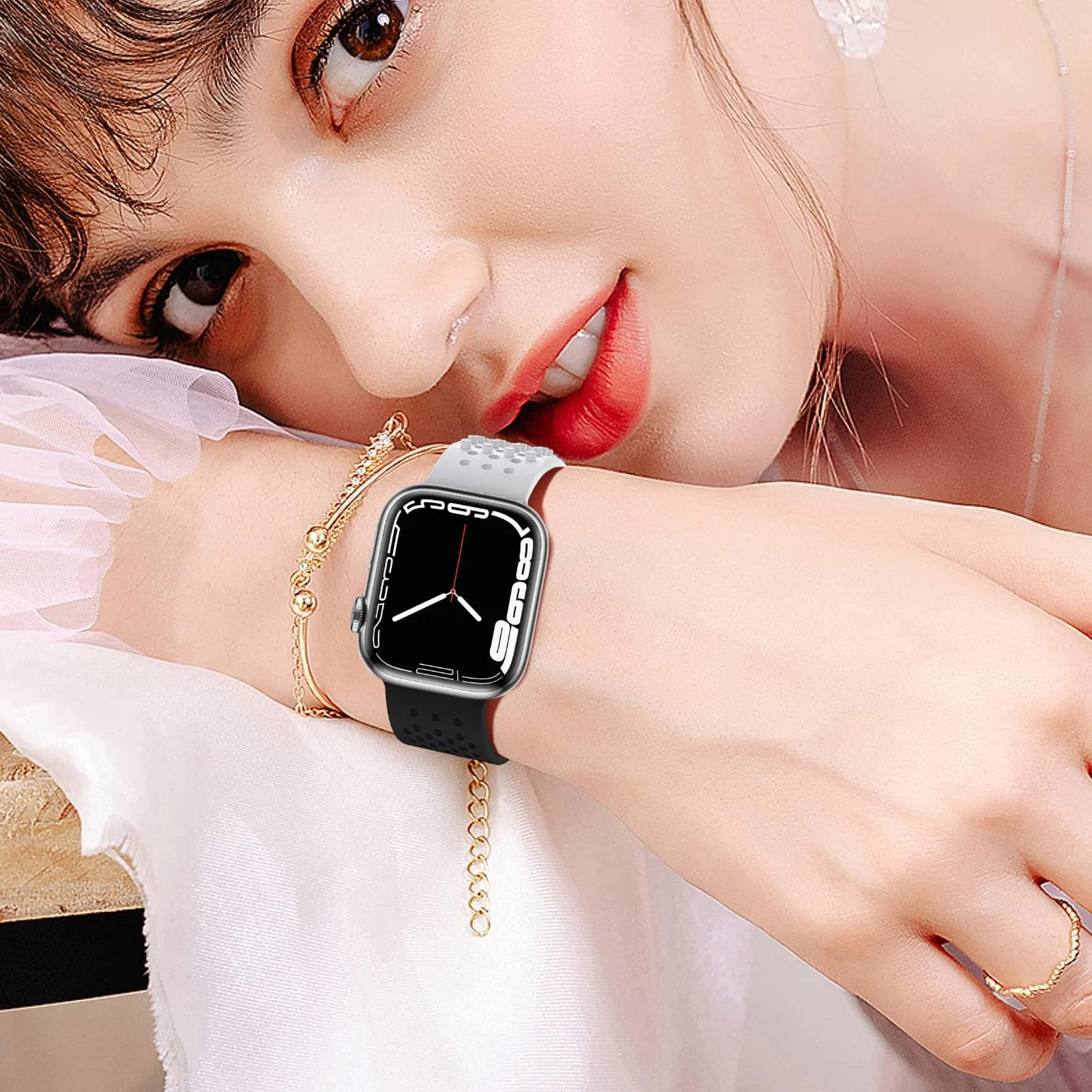 DL3 Mobilak Soft Silicone Band For Apple Watch Ultra Bands 49mm 45mm 44mm 42mm, Sport Replacement Wristband No Clasps for iWatch Series 8 ultra 7 6 5 4 SE 3 2 Women Men, Waterproof Strap - White Black