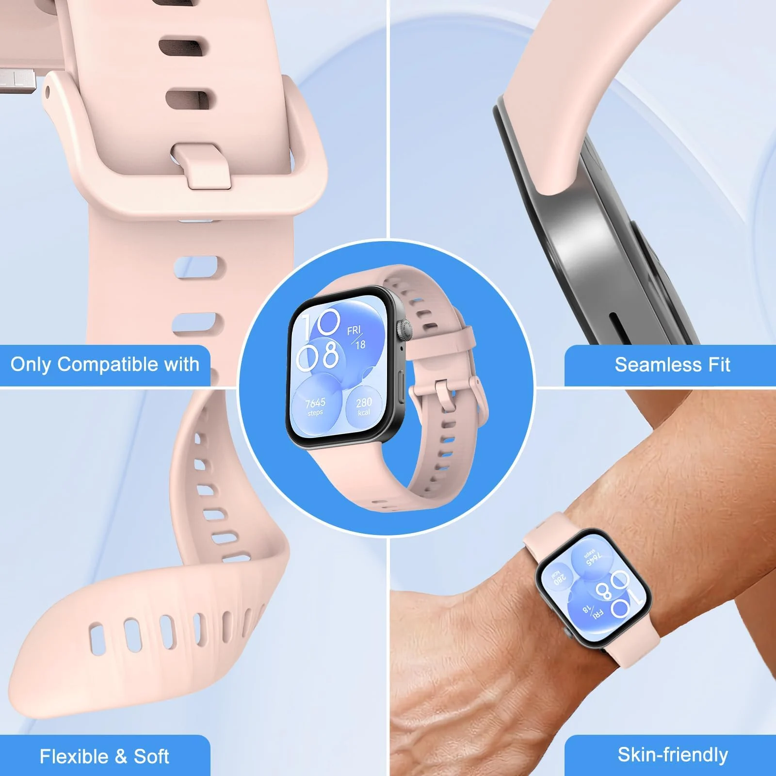DL3 Mobilak Silicone Bracelet for Huawei Watch Fit 3/Watch Fit 4 Pro/Fit 4 Strap, Soft Silicone Sport Replacement Strap for Women/Men, Adjustable Waterproof Sports Band - Pink