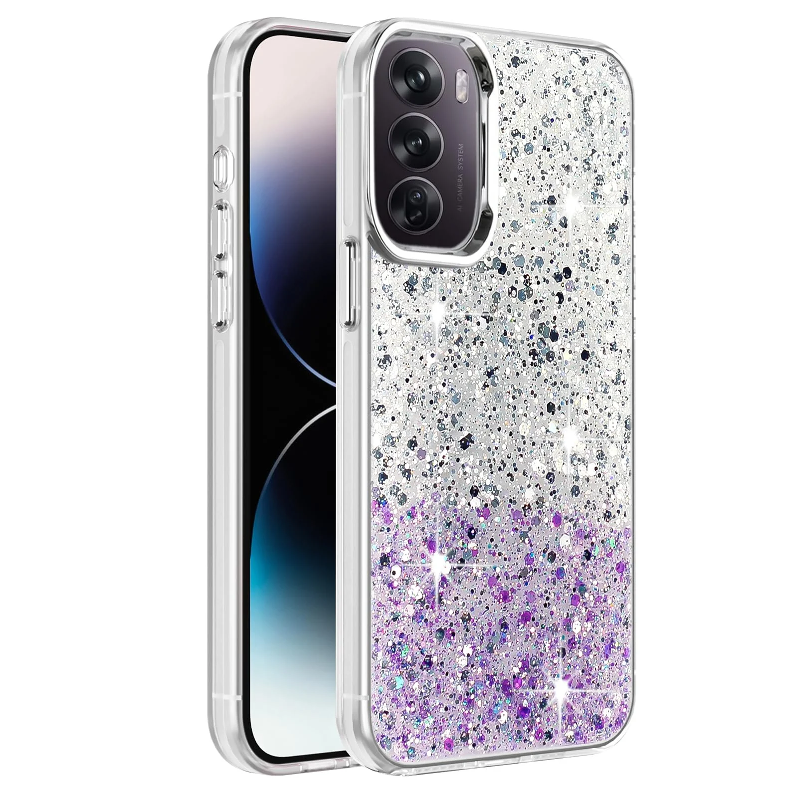 DL3 Mobilak Glitter Protective Case for OPPO Reno 12 Pro 5G (Reno12 Pro), Supports wireless charging, Camera protection, Shock-absorbing protection - White Purple