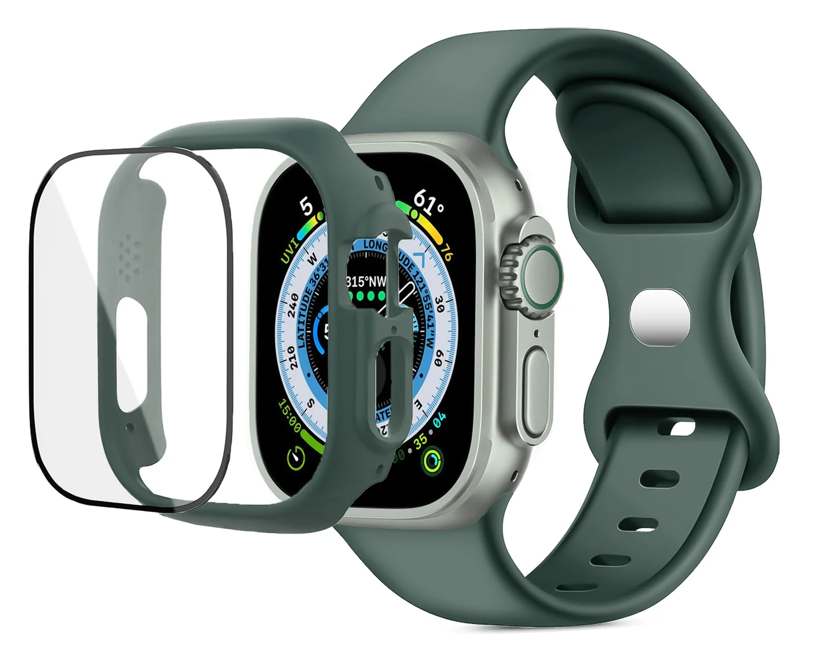 DL3 Mobilak Band with Case For Apple Watch Ultra/Ultra 2 49mm, Adjustable Silicone Sport Wristband Replacement, Strap With Cover Built-in Glass Screen Protector for iWatch Ultra 49 mm - Pine Green