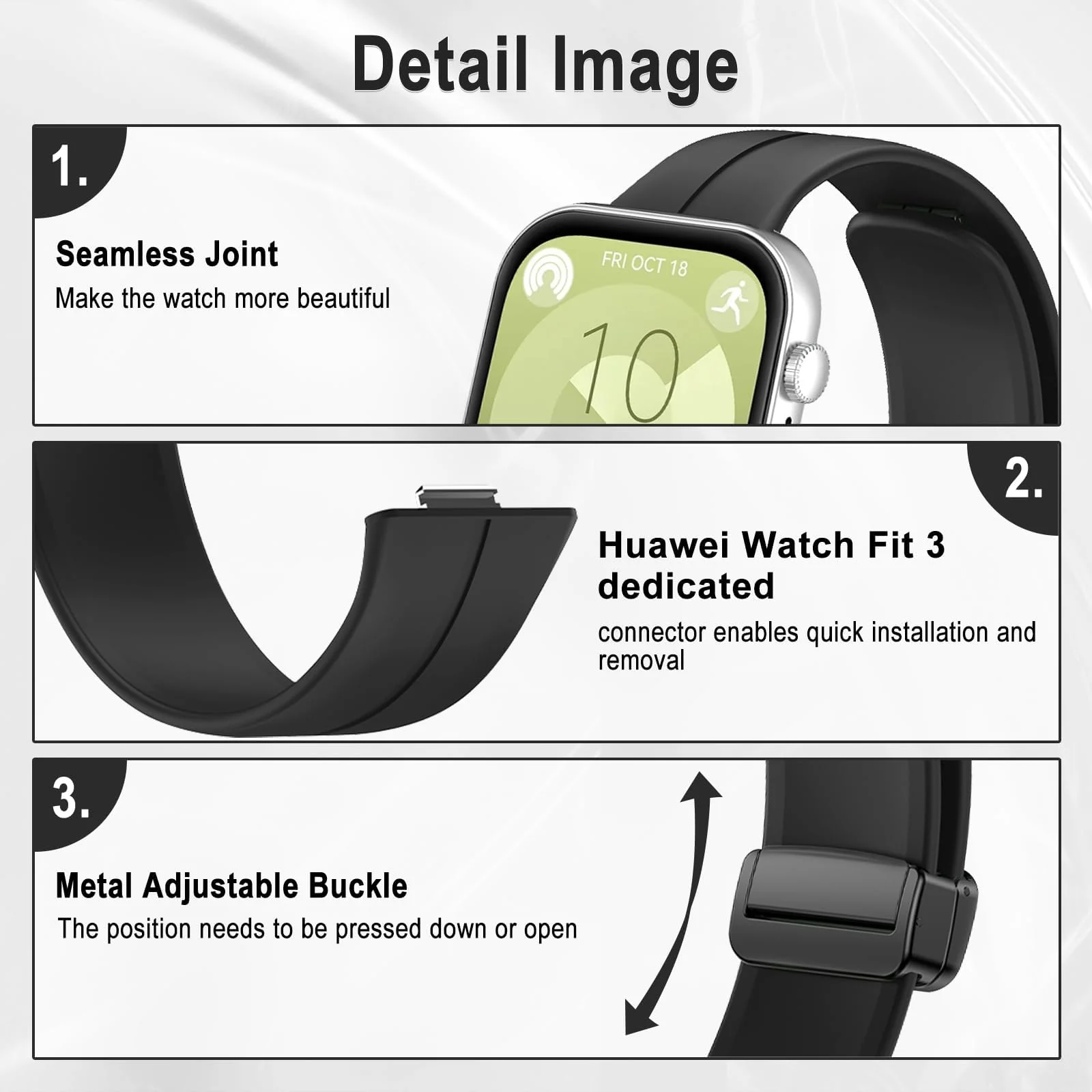 DL3 Mobilak Silicone Strap Compatible with Huawei Watch Fit 3 Magnetic Metal Stainless Buckle Sport Silicone Strap for Huawei Watch Fit3 Band Quick Release Soft Replacment Wristband - Black