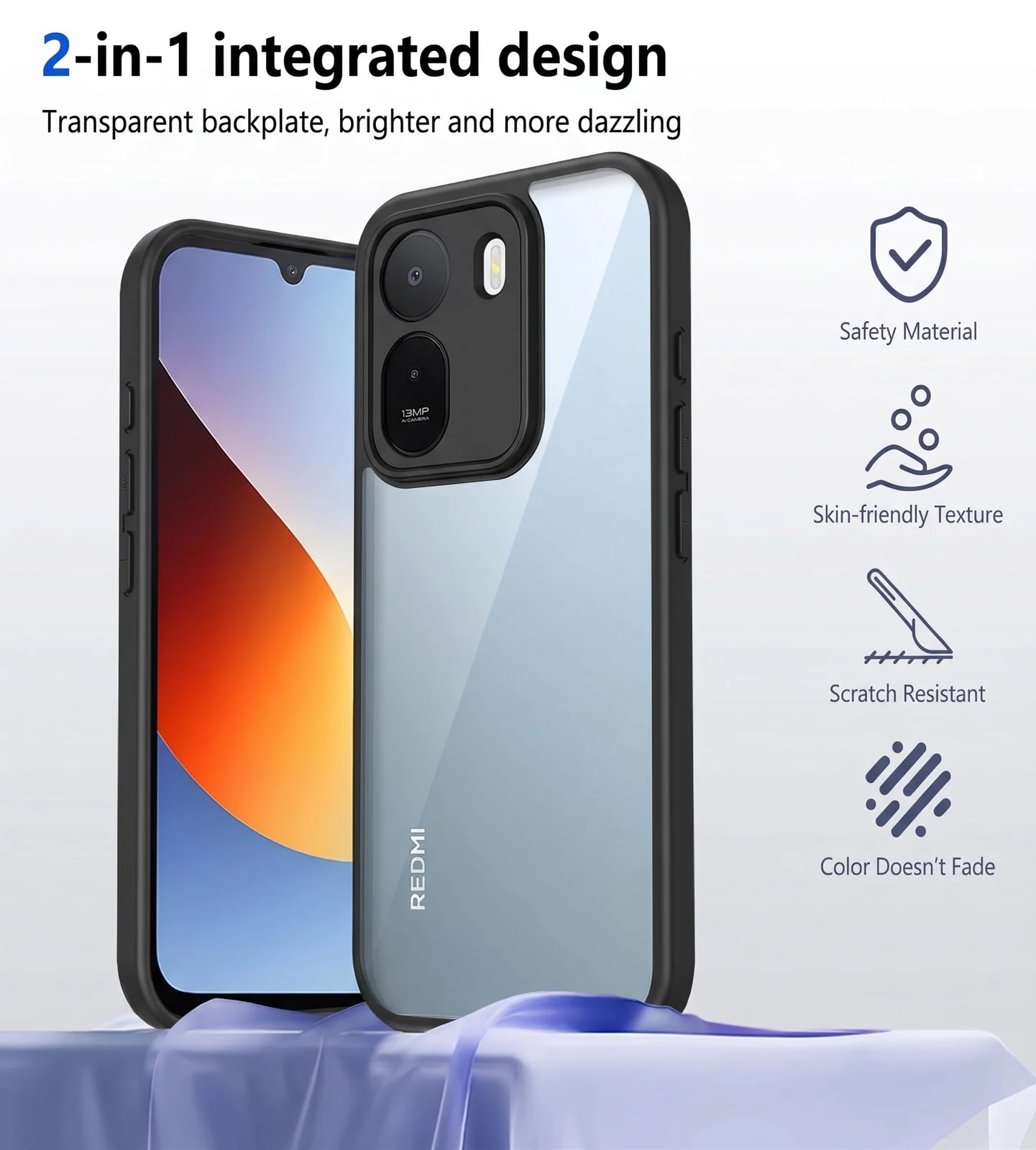 MOBIGON Anti-Yellowing Shockproof Transparent Phone Case for Xiaomi Redmi A7 Pro 4G, Black