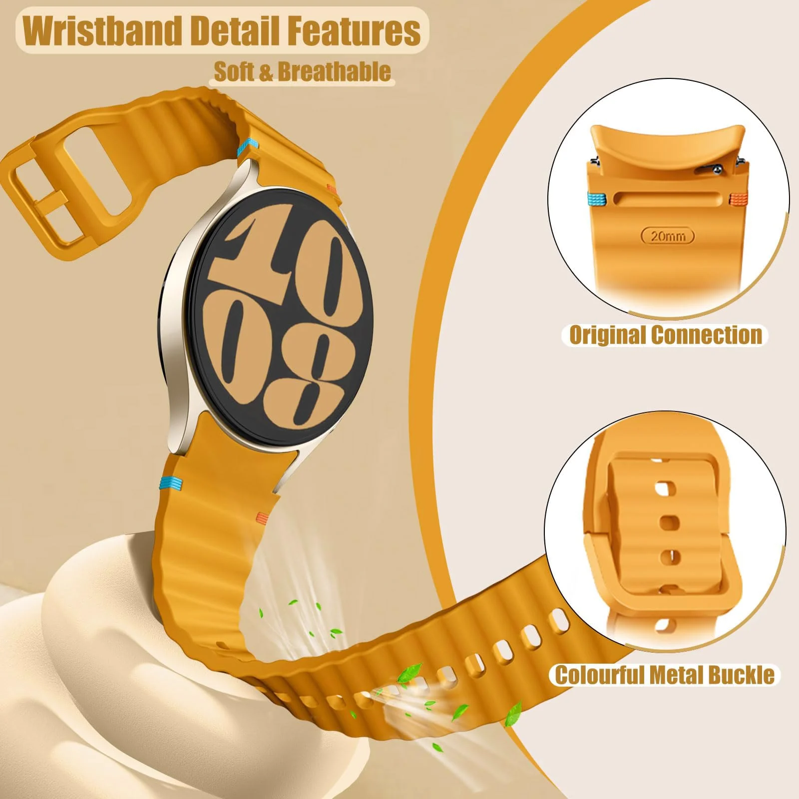 DL3 Mobilak No Gap Sport Bands For Samsung Galaxy Watch 7 6 5 4 FE Strap 40mm 44mm, Soft Silicone Sport Band for Galaxy Watch 6 Classic Straps 47mm 43mm/Galaxy Watch 5 Pro/Watch 4 Classic 42mm 46mm for Men Women - Yellow