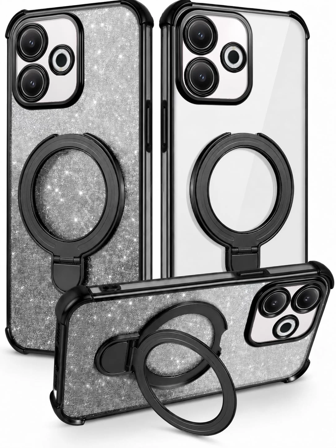 MOBIGON Glitter Phone Case with Magnetic Ring Stand for Xiaomi Redmi 13 4G / 5G / POCO M6 4G / Note 13R, Black