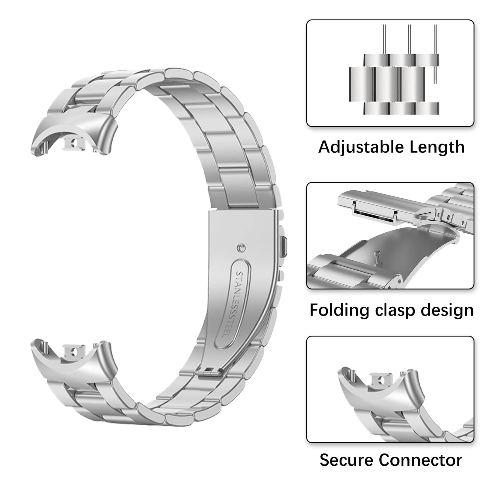 MOBIGON Stainless Steel Bracelet Strap with Double-Folding Clasp for Xiaomi Smart Band 8 / 9 / 10, Silver