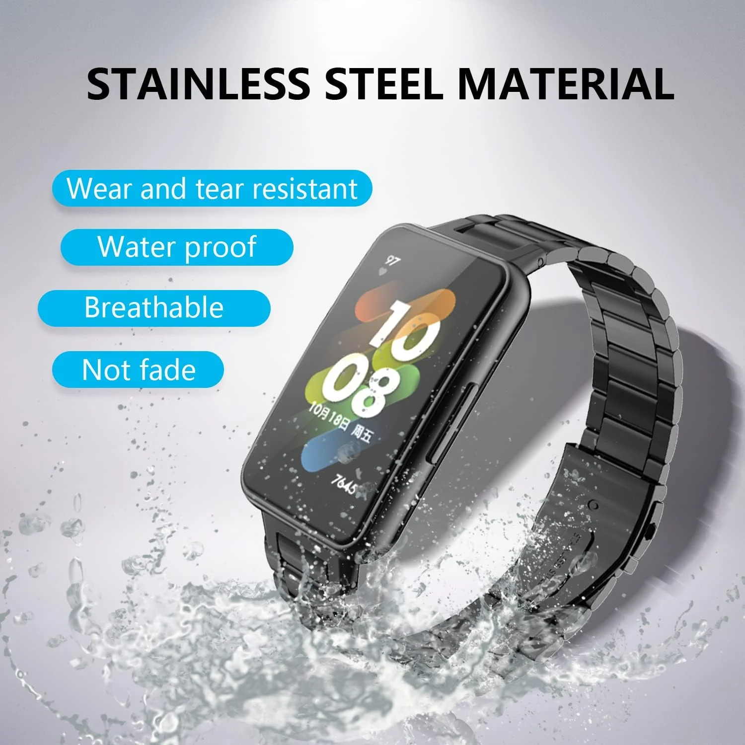 DL3 Mobilak Strap for Huawei Band 7/ Honor Band 7 Stainless Steel Replacement Metal Straps Bracelet Compatible with Huawei Watch Band 7 Standard and Huawei Band 7 NFC Edition Bracelets - Black