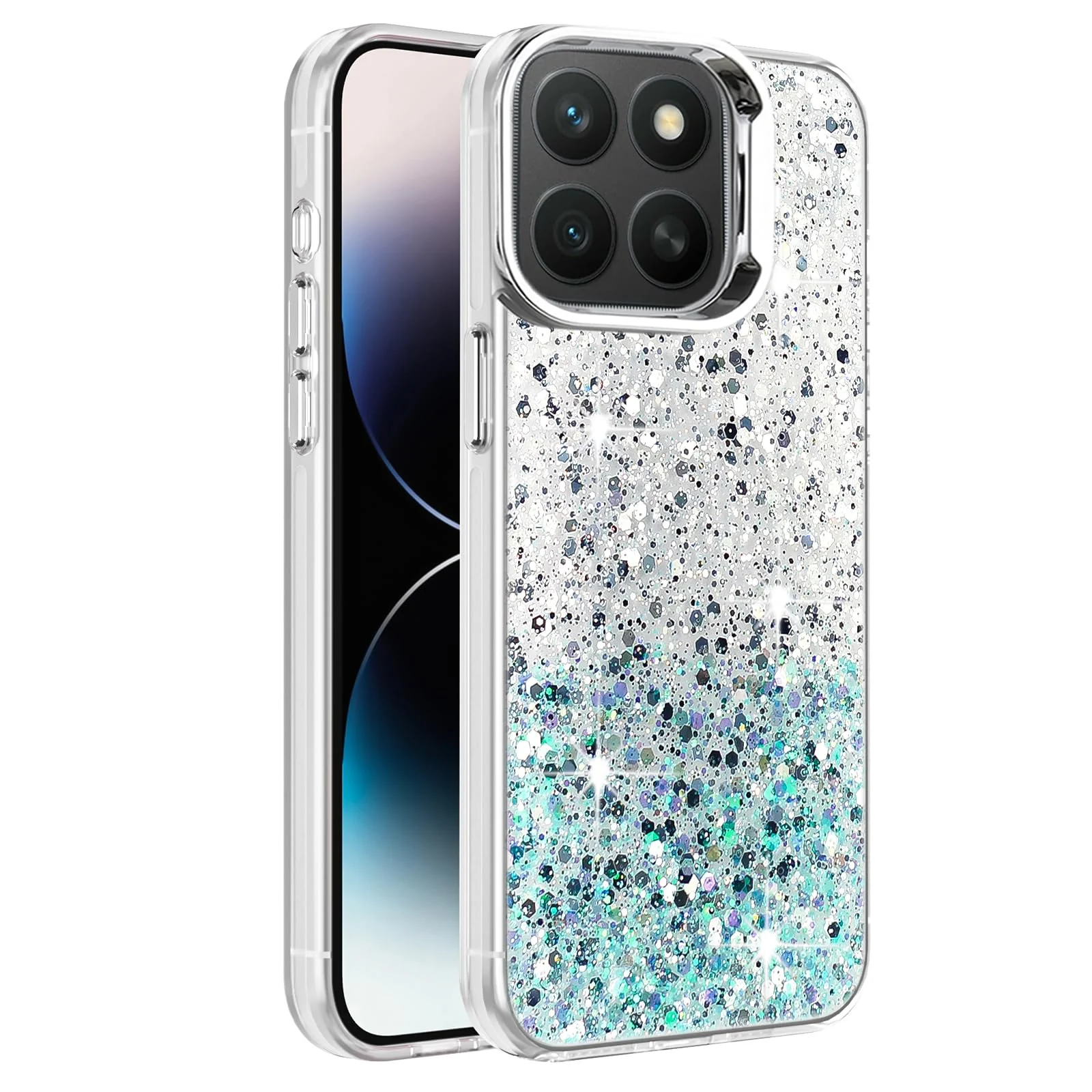 DL3 Mobilak Compatible with Honor X8c Case, Clear Glitter Bling Sparkly, Soft TPU Frame Bumper, Hard-Back Cover for Women & Girls, Transparent Protective Phone Case - White Green