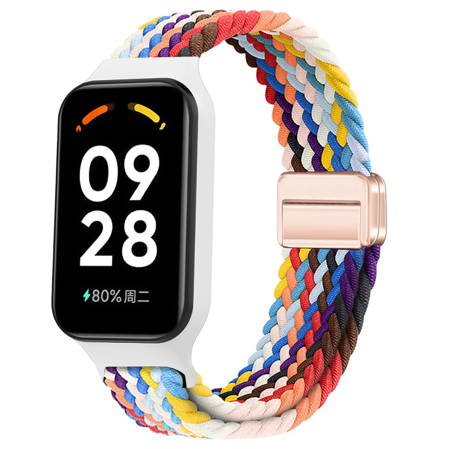 DL3 Mobilak Nylon Braided Band Compatible with Redmi Smart Band 2 / Xiaomi Smart Band 8 Active, Magnetic Elastic Strap Soft Breathable Adjustable Wristband for Men Women - Official Rainbow