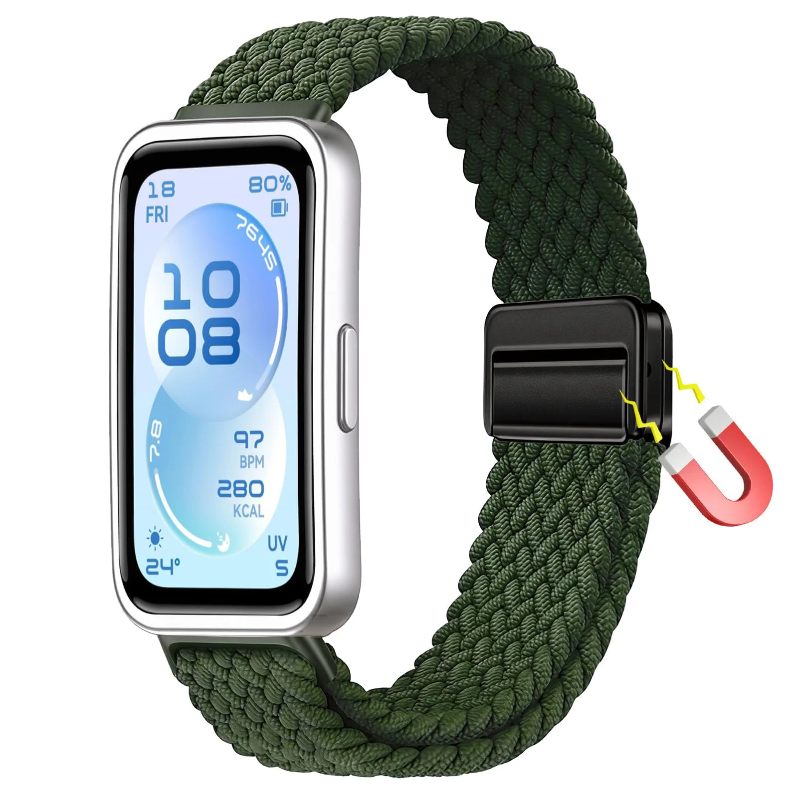 Nylon Strap for Huawei Band 11/11 Pro, Men and Women Sport Adjustable Elastic Nylon Magnetic Braided Loop Watch Bands, Adjustable Replacement Bracelet for Huawei Band 11/11 Pro - Green