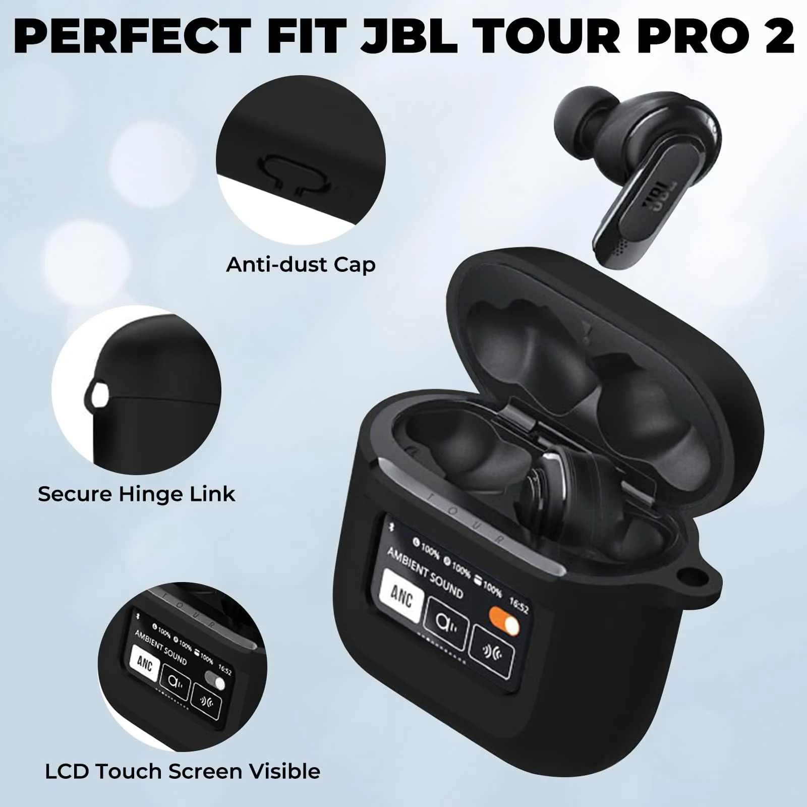 DL3 Mobilak Case for JBL Tour Pro 2 Earbuds Cover, [LCD Touch Screen Visible] [Anti-Lost Keychain] Soft Silicone Protective Skin Case for JBL Tour Pro 2 Charging with Carabiner - Black