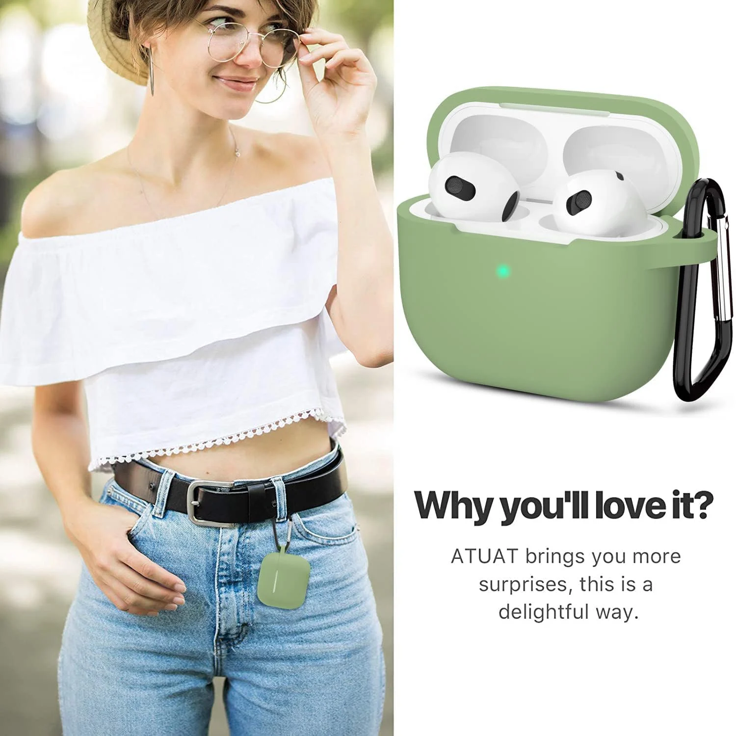 DL3 Mobilak AirPods 3 Case Cover, Silicone Protective Accessories Skin with Keychain Compatible with Apple AirPod 3rd Generation 2021 for Women Girl, Front LED Visible - Mint Green