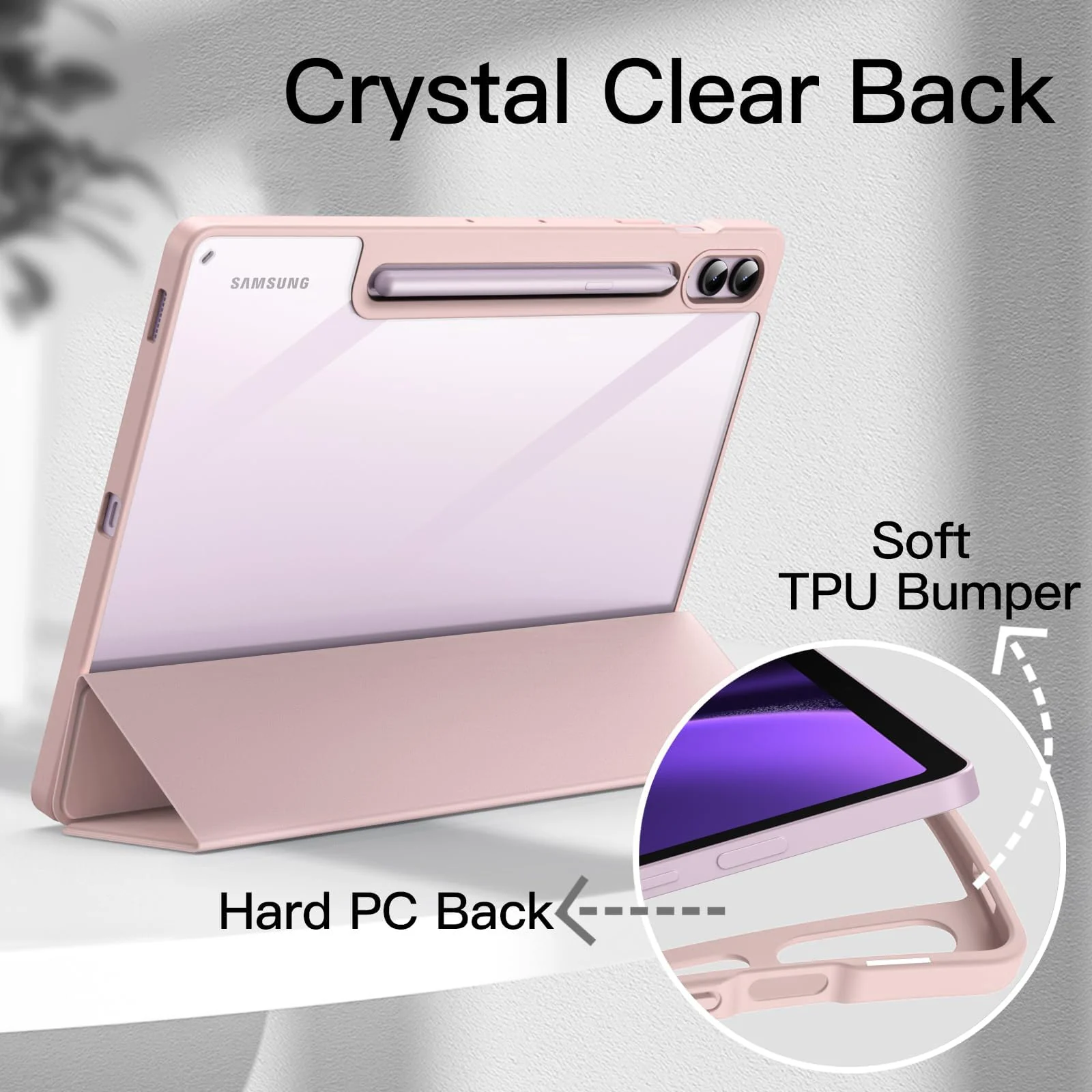 DL3 Mobilak Hybrid Slim Case for Samsung Galaxy Tab S9 FE+ / S9 FE Plus 12.4-Inch with S Pen Holder, Shockproof Cover with Clear Transparent Back Shell, Auto Wake/Sleep - Pink